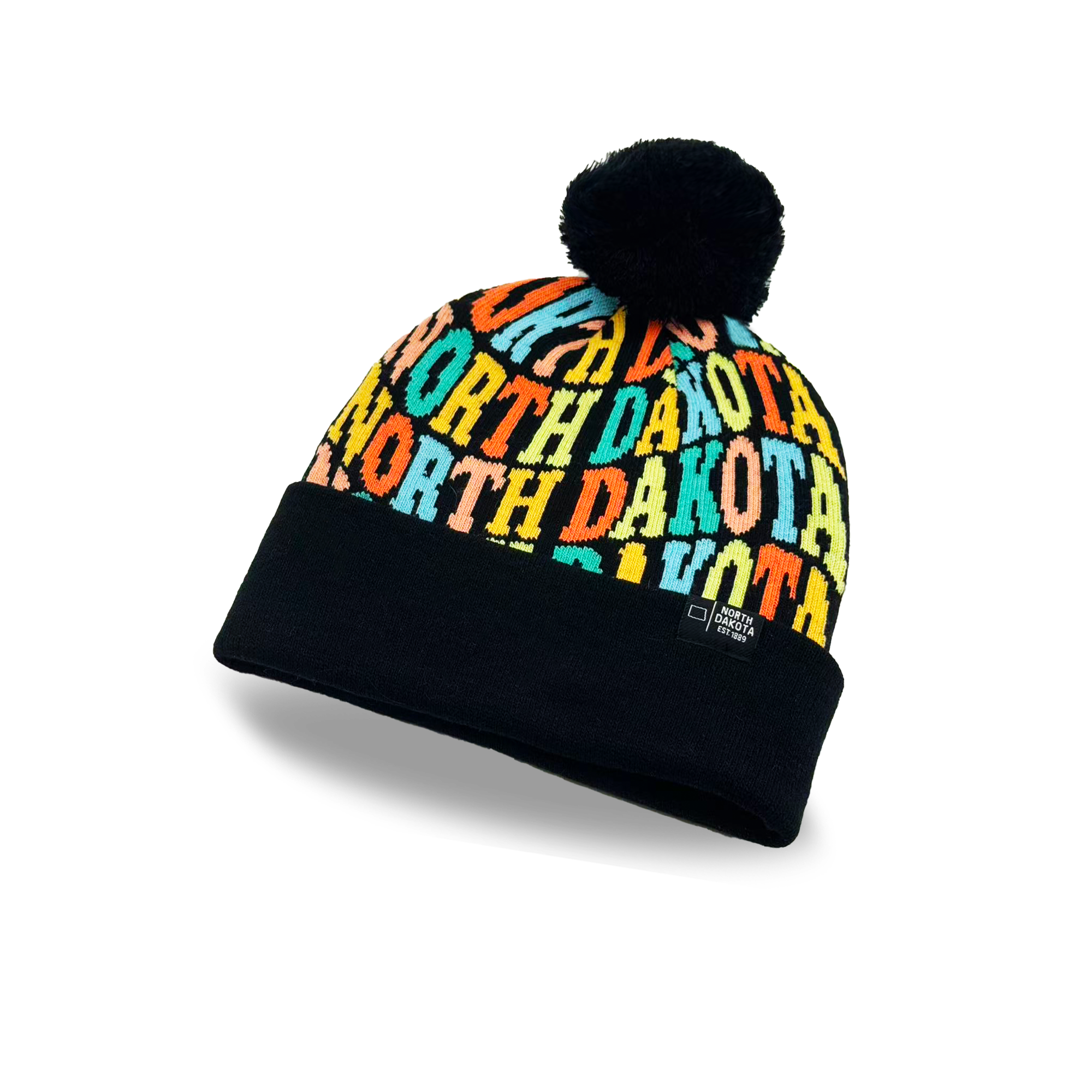 North Dakota Colorful Letter Knit Beanie Retro Pom Pom Winter Hat with Bold Typography