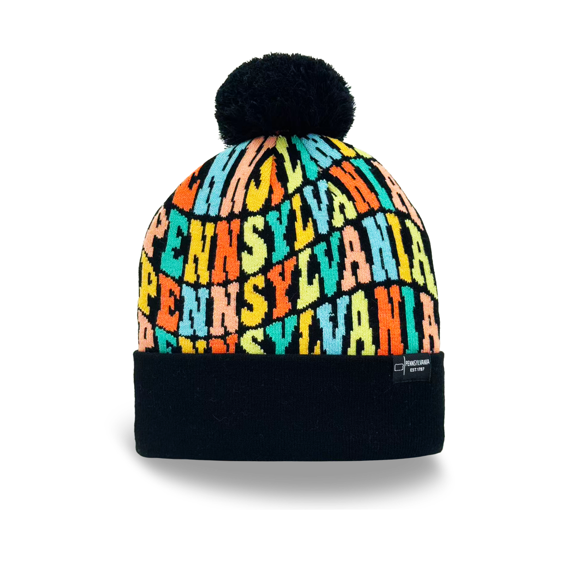 Pennsylvania Colorful Letter Knit Beanie Retro Pom Pom Winter Hat with Bold Typography