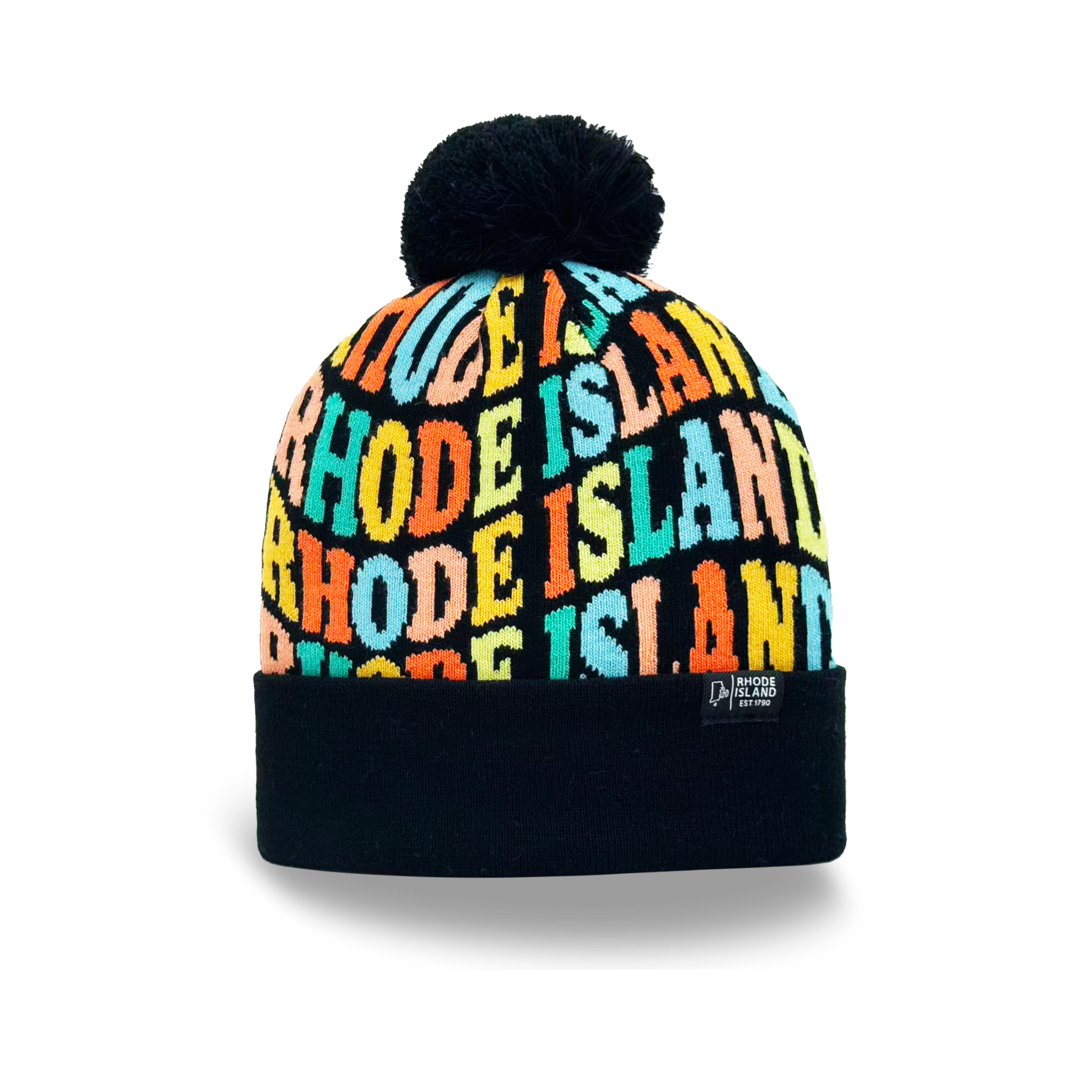 Rhode Island Colorful Letter Knit Beanie Retro Pom Pom Winter Hat with Bold Typography