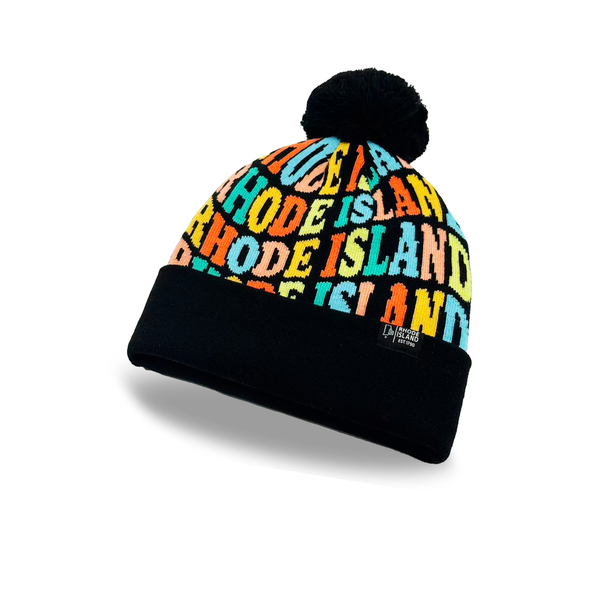 Rhode Island Colorful Letter Knit Beanie Retro Pom Pom Winter Hat with Bold Typography