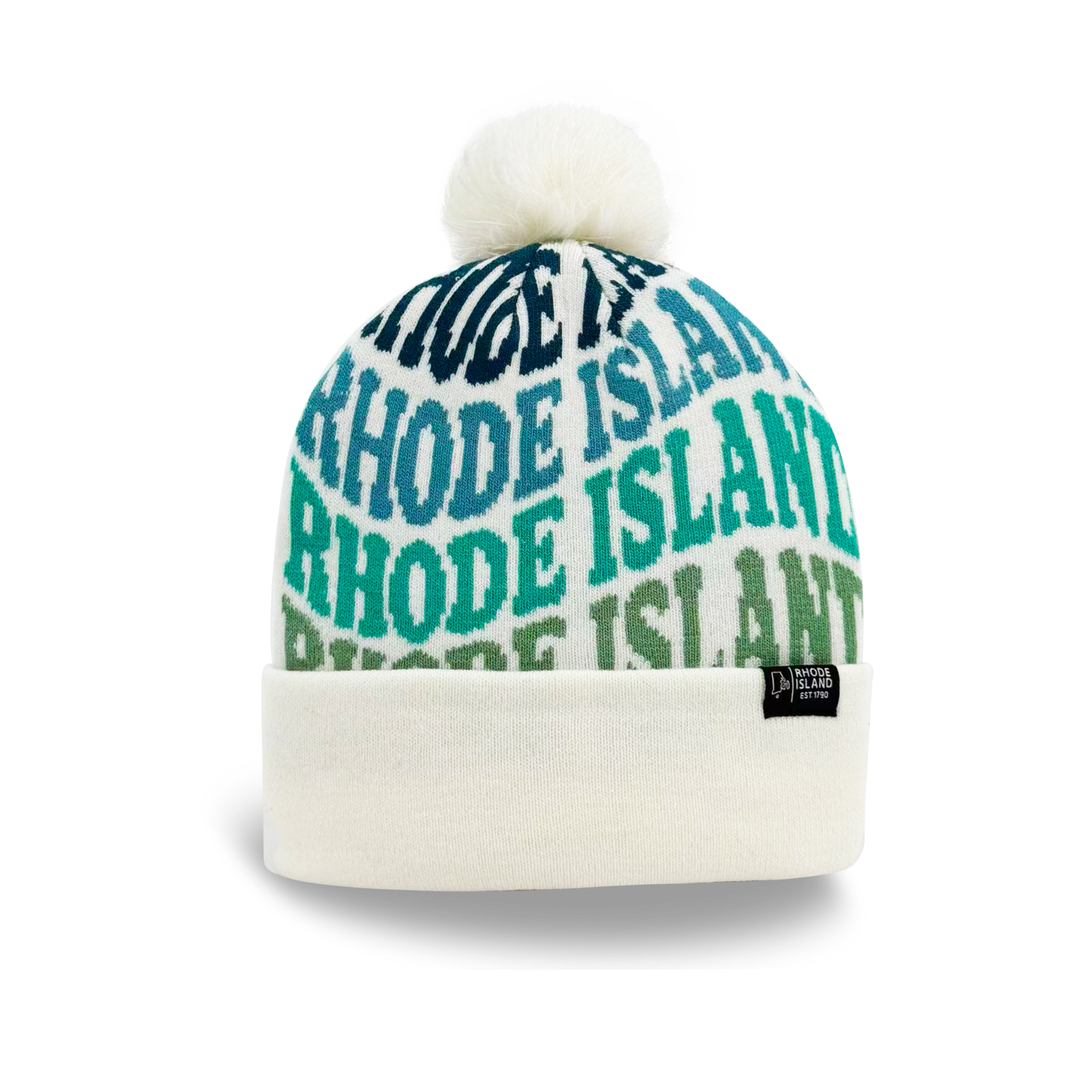Rhode Island Colorful Letter Knit Beanie Retro Pom Pom Winter Hat with Bold Typography