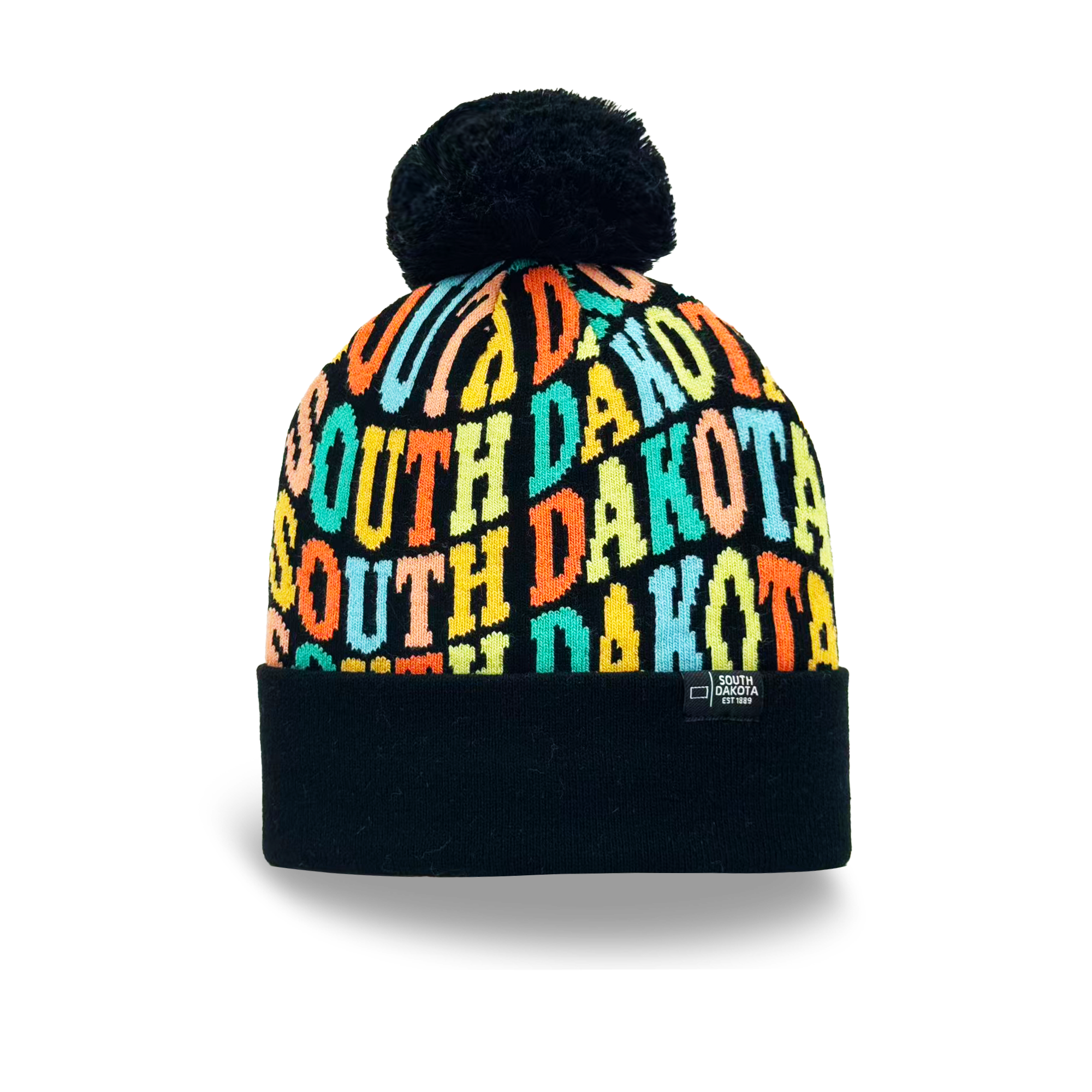 South Dakota Colorful Letter Knit Beanie Retro Pom Pom Winter Hat with Bold Typography