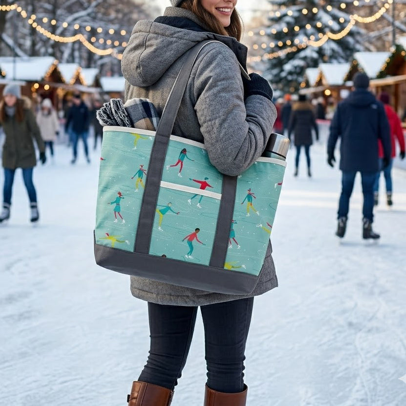 Ice Skating Adventure Canvas Tote Bag – Winter Recreation Travel Carryall