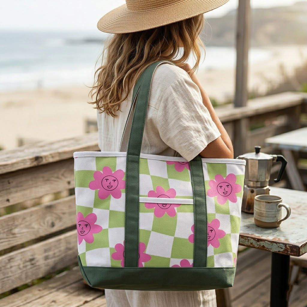 Retro Smiley Flower Canvas Tote Bag – Playful Checkerboard Carryall