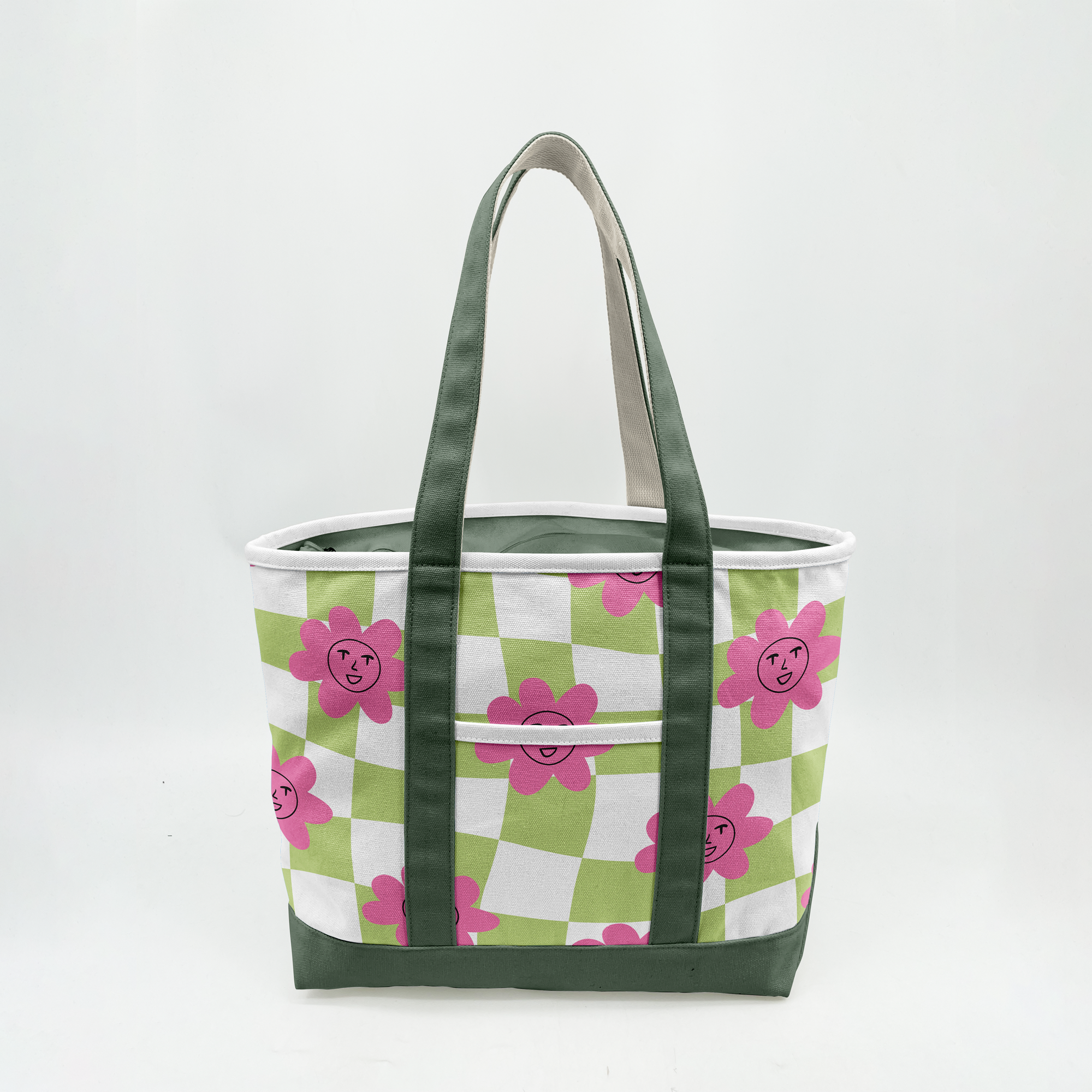 Retro Smiley Flower Canvas Tote Bag – Playful Checkerboard Carryall