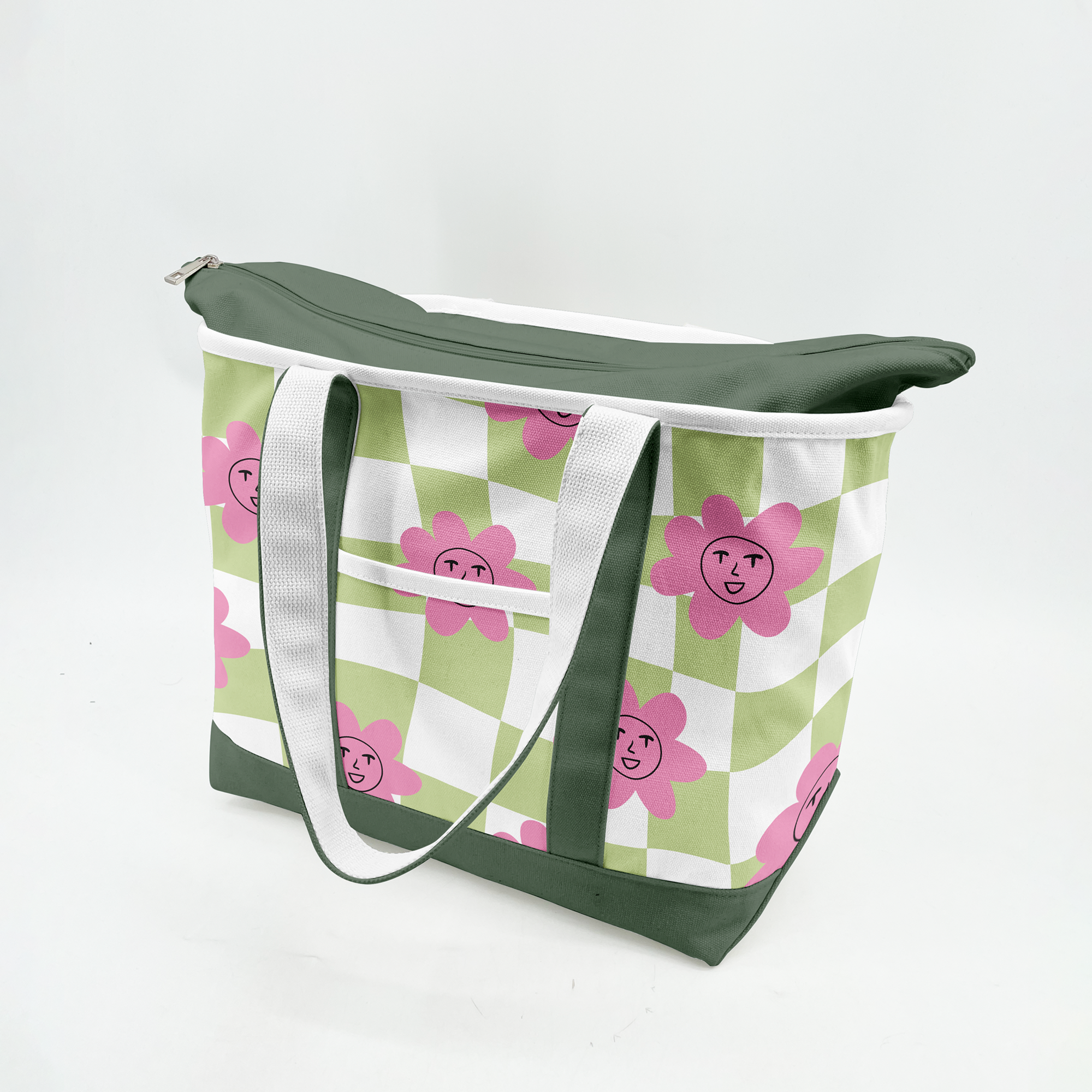 Retro Smiley Flower Canvas Tote Bag – Playful Checkerboard Carryall