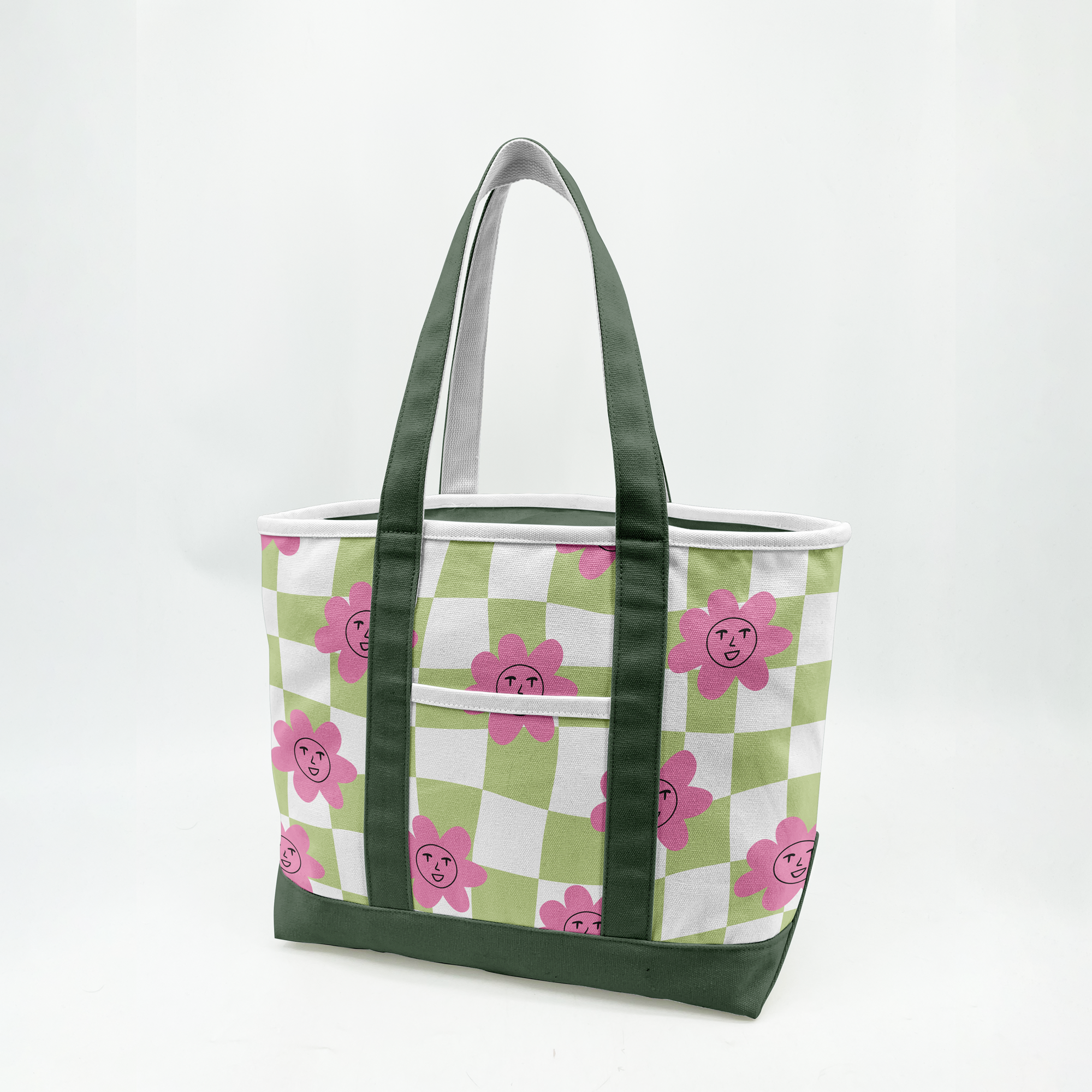 Retro Smiley Flower Canvas Tote Bag – Playful Checkerboard Carryall