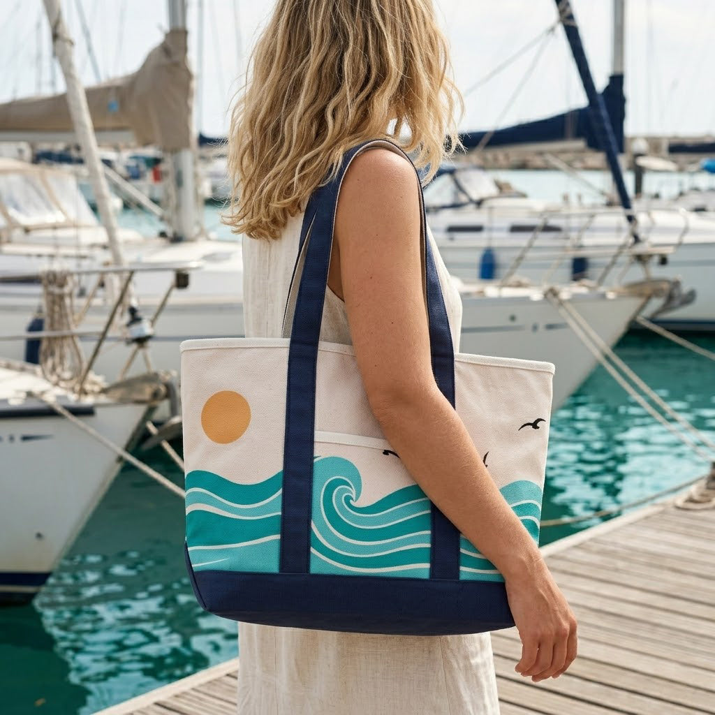 Coastal Wave Adventure Canvas Tote Bag – Ocean Inspired Travel Carryall
