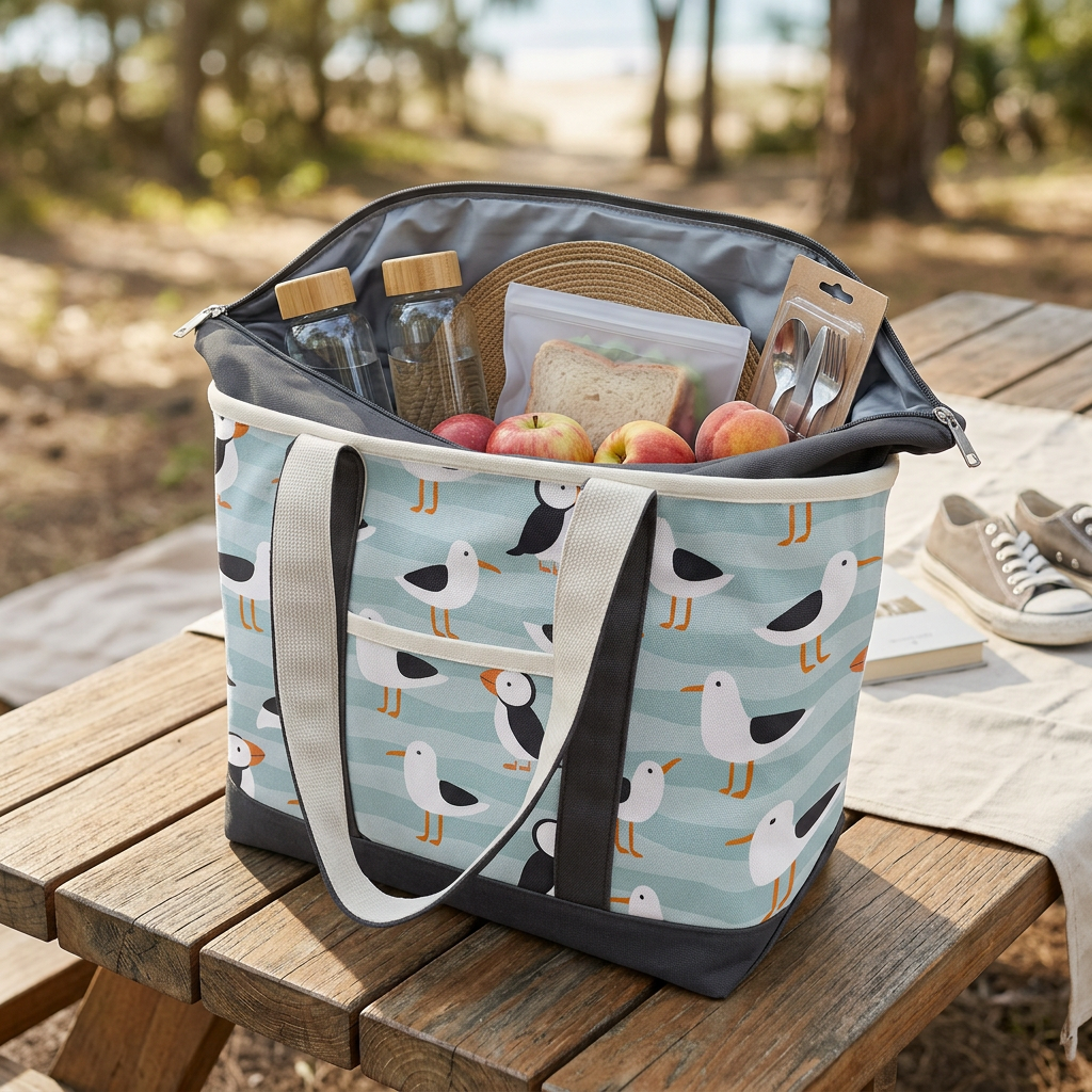 Coastal Puffin & Seagull Canvas Tote Bag ¨C Ocean Bird Travel Carryall