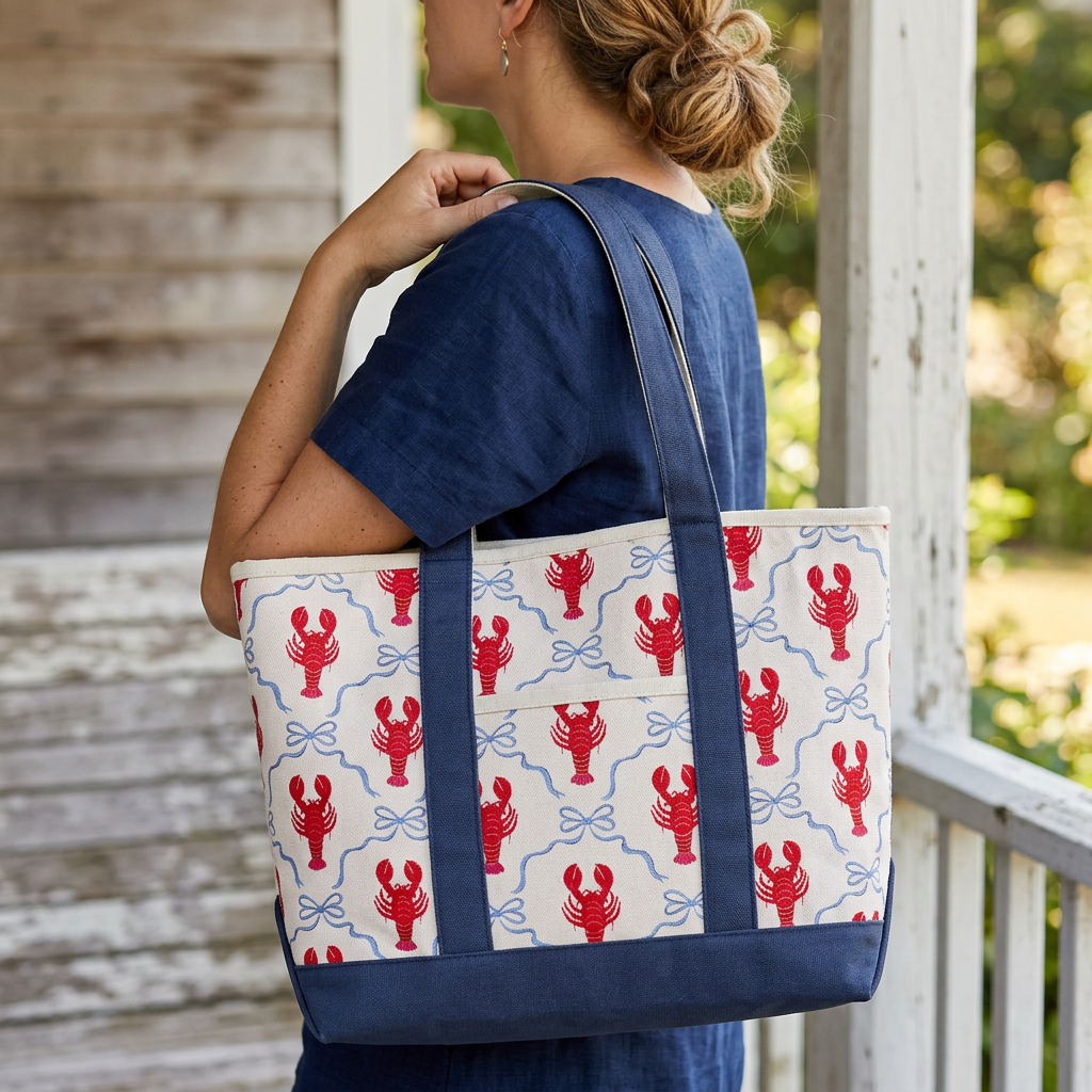 Coastal Lobster Canvas Tote Bag ¨C Nautical Seafood Market Carryall