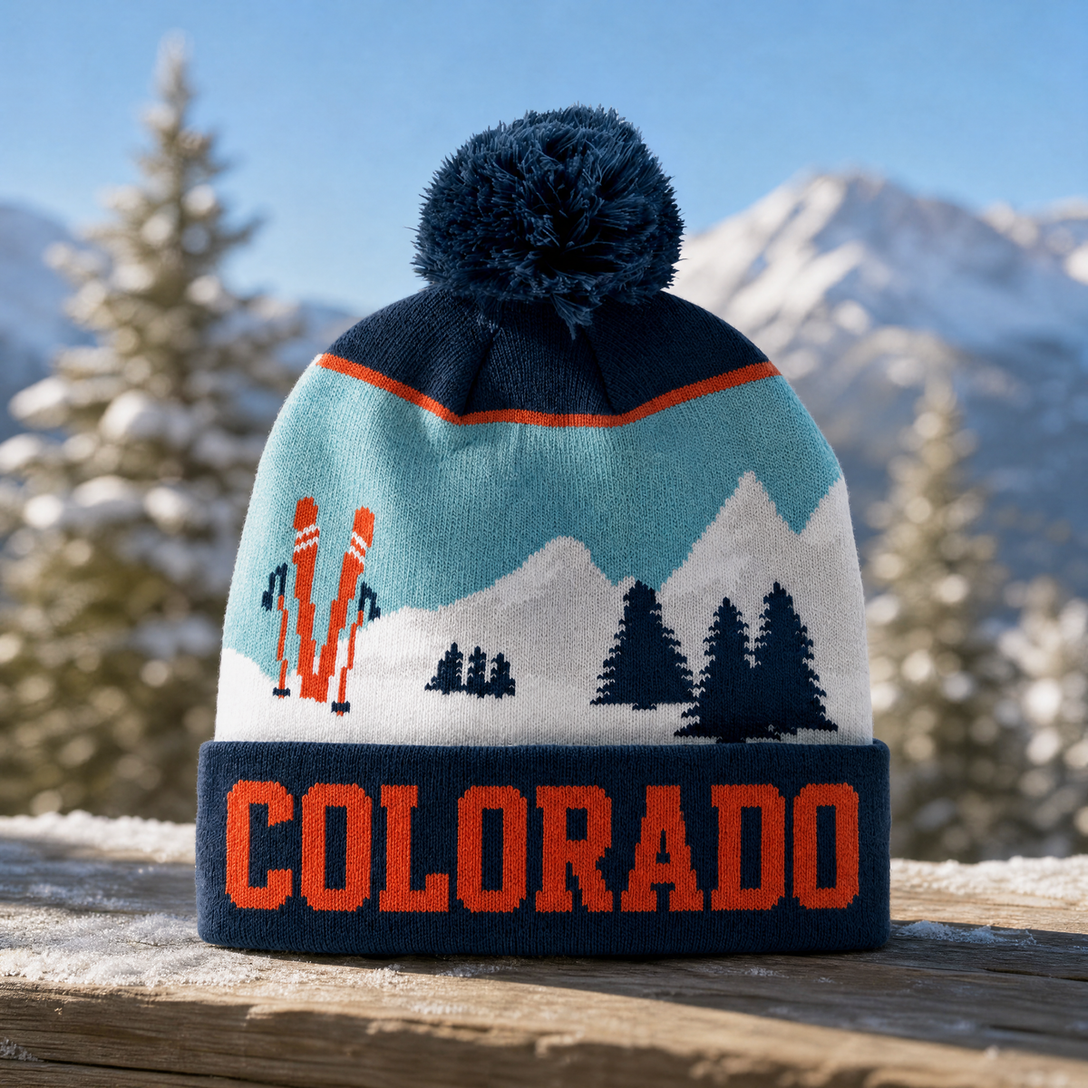 Colorado Ski Mountain Pom Beanie – Custom Cuff Lettering Winter Knit Hat