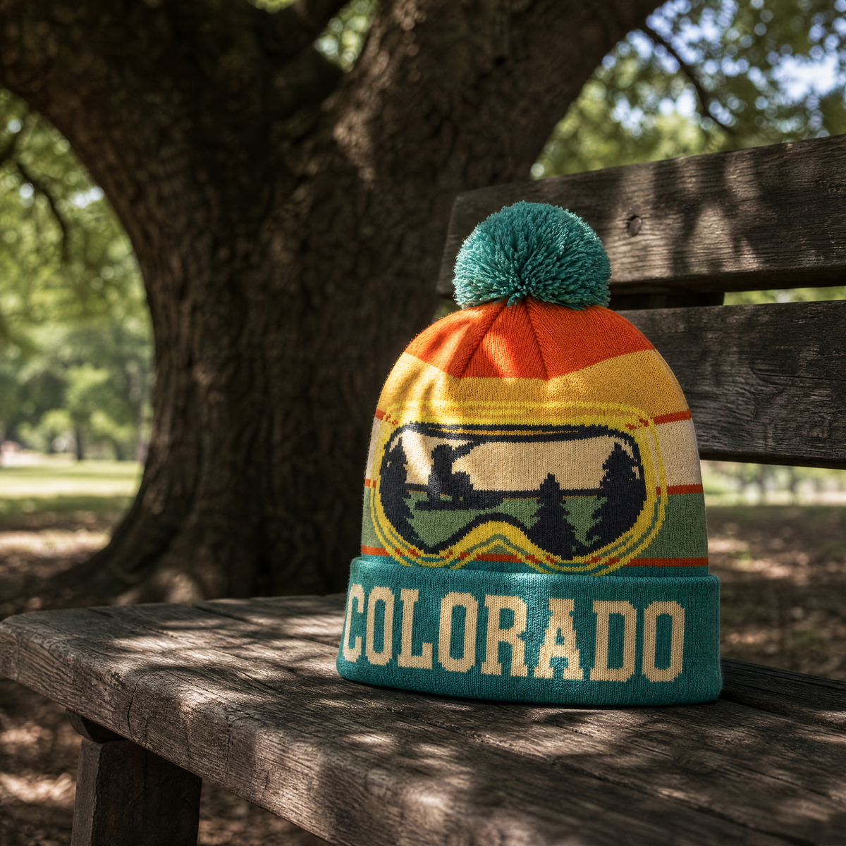 Colorado Ski Goggles Pom Beanie – Custom Cuff Lettering Winter Knit Hat