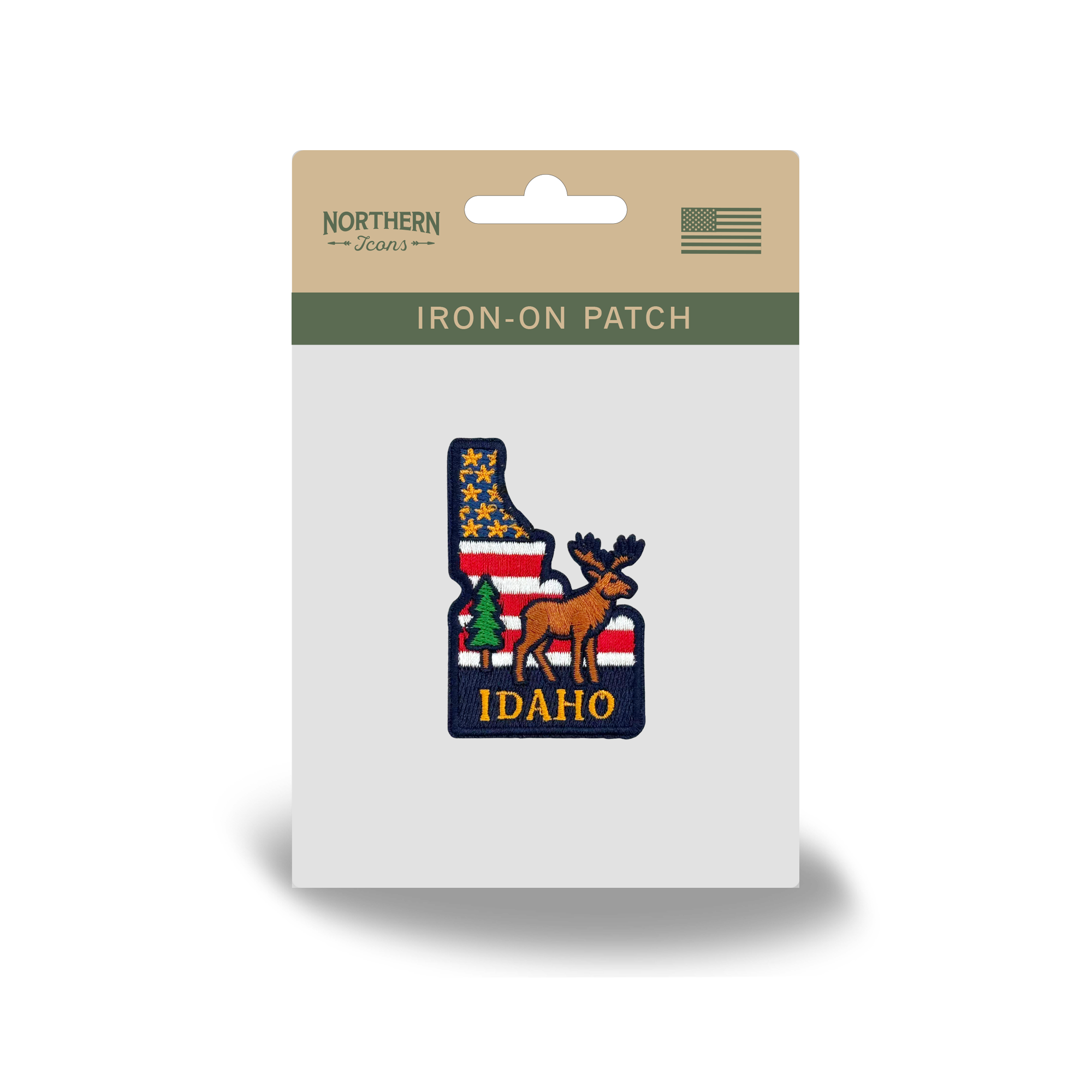 Idaho State Embroidered Patch with Elk Forest and Vintage American Flag Design