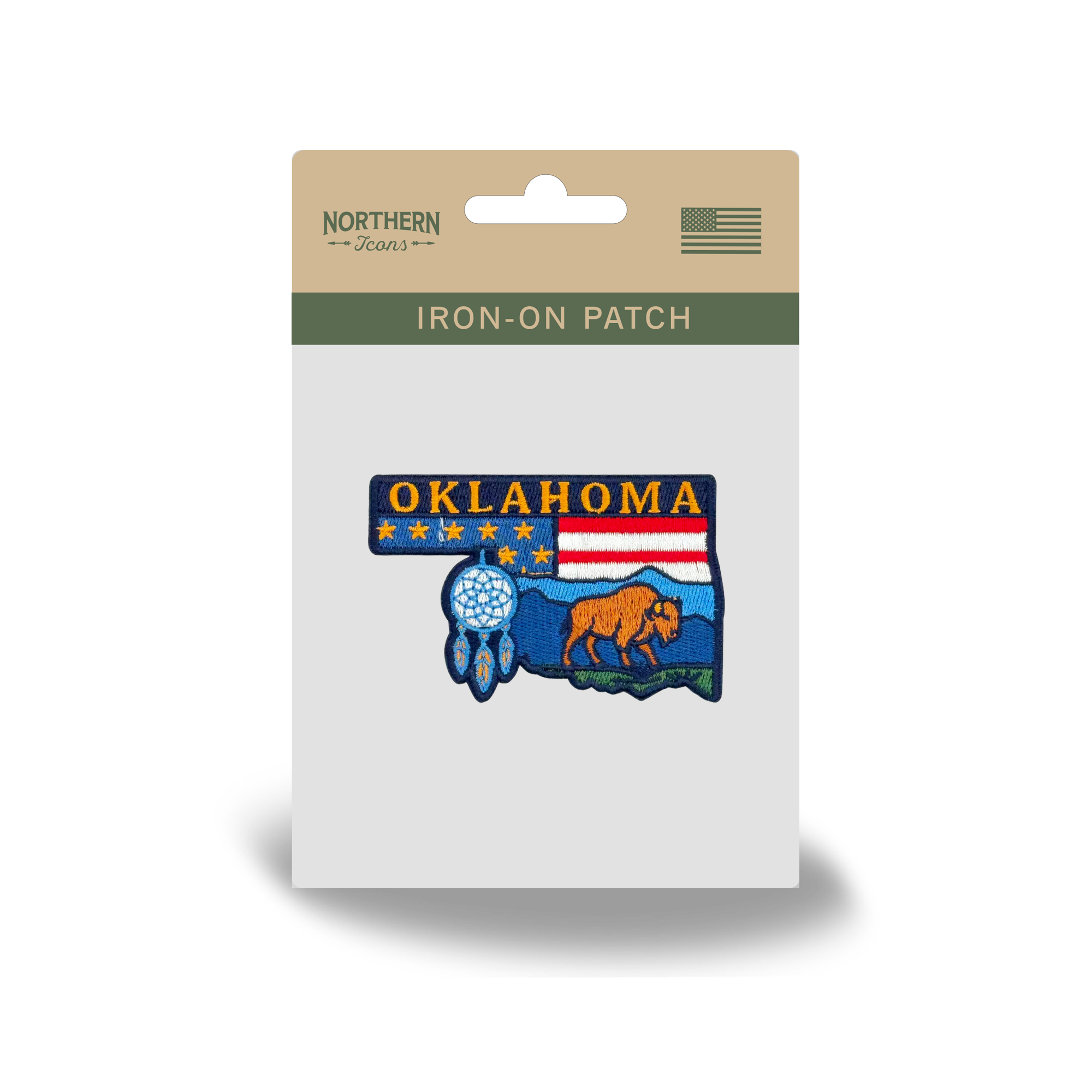 Oklahoma State Embroidered Patch with Bison, Dreamcatcher, Western Landscape Design