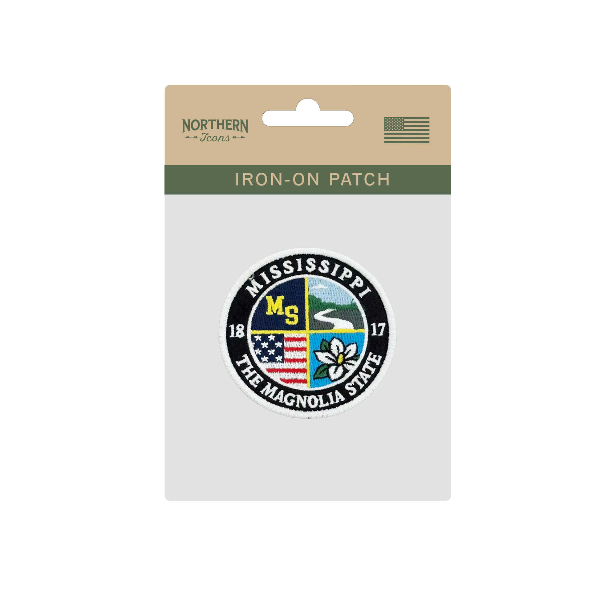 Mississippi Magnolia State Embroidered Round Patch with River and Floral Design