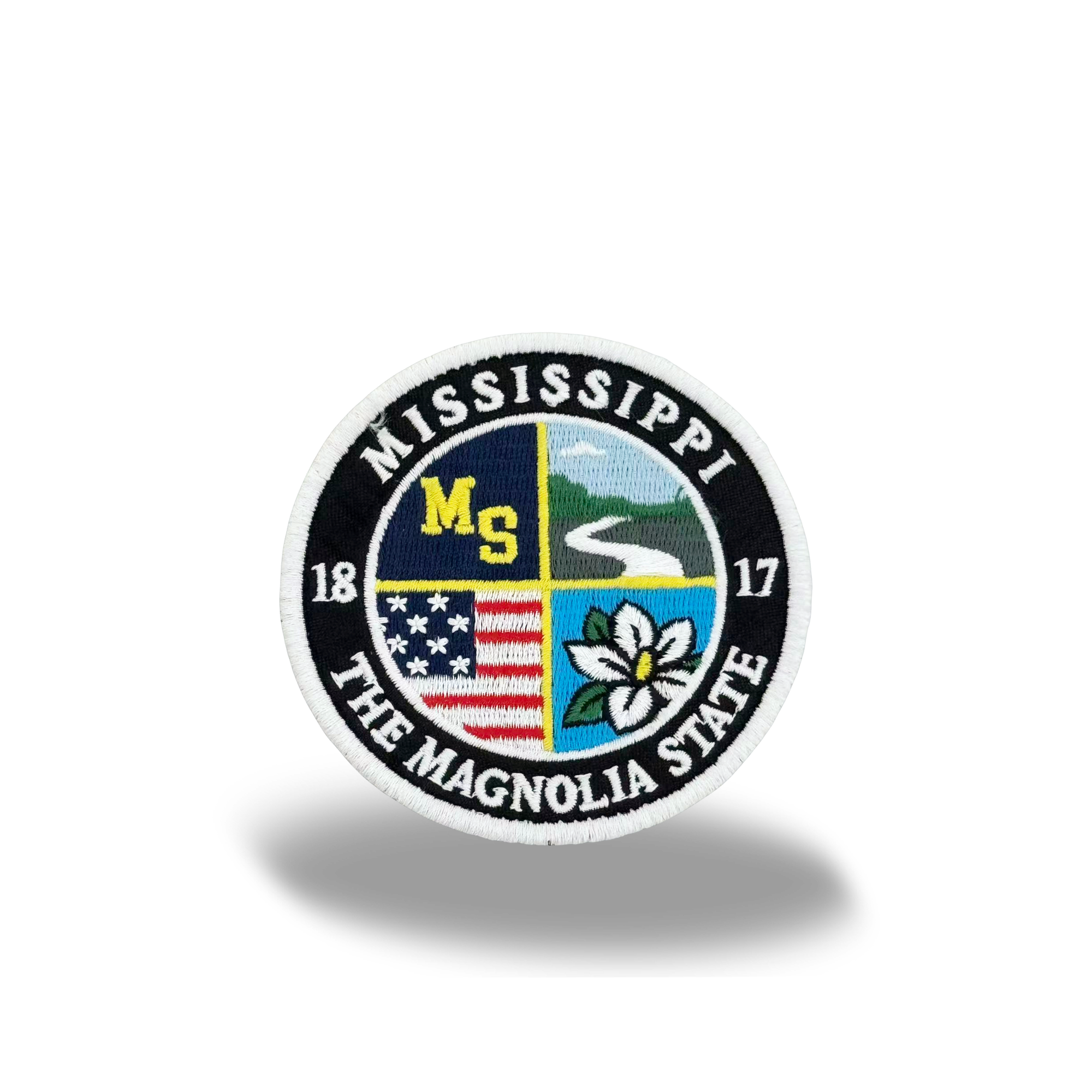 Mississippi Magnolia State Embroidered Round Patch with River and Floral Design