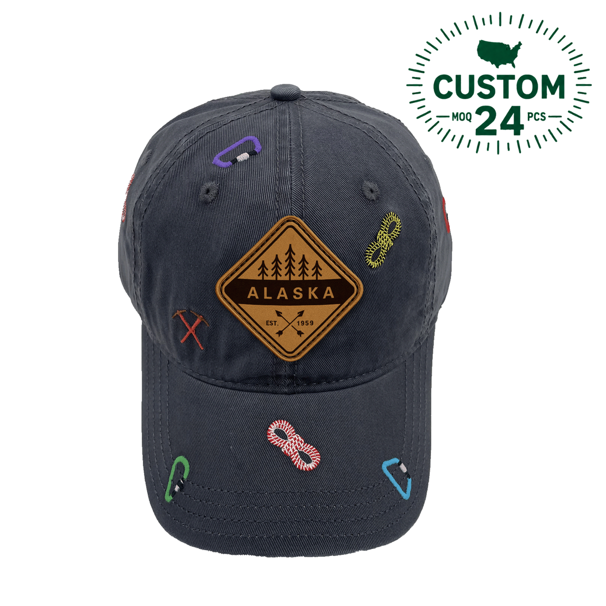 Alaska Hiking Adventure Baseball Cap Outdoor Climbing Rope & Carabiner Embroidered Hat for Travelers