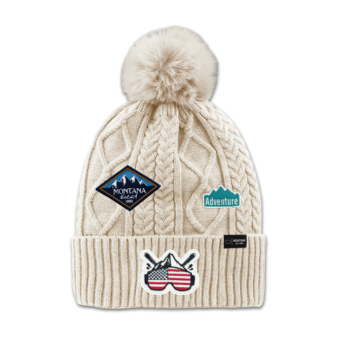 Montana Mountain Adventure Patch Pom Beanie - Outdoor Ski Winter Hat