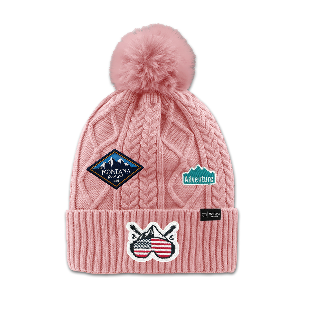 Montana Mountain Adventure Patch Pom Beanie - Outdoor Ski Winter Hat