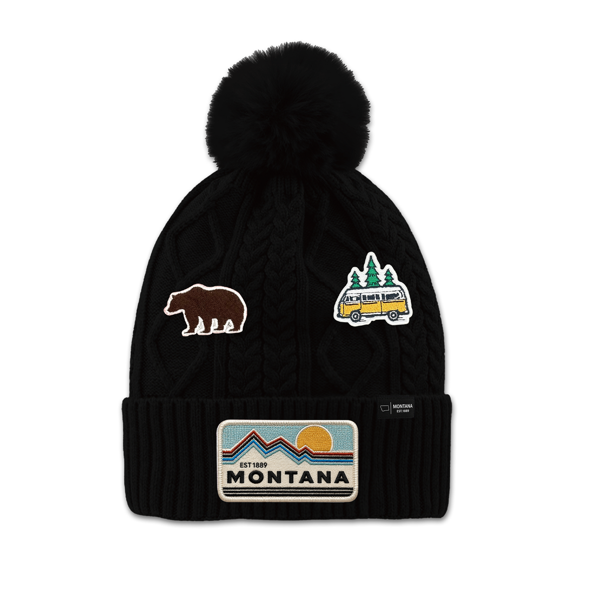 Montana Outdoor Adventure Patch Pom Beanie - Cozy Fleece Winter Hat