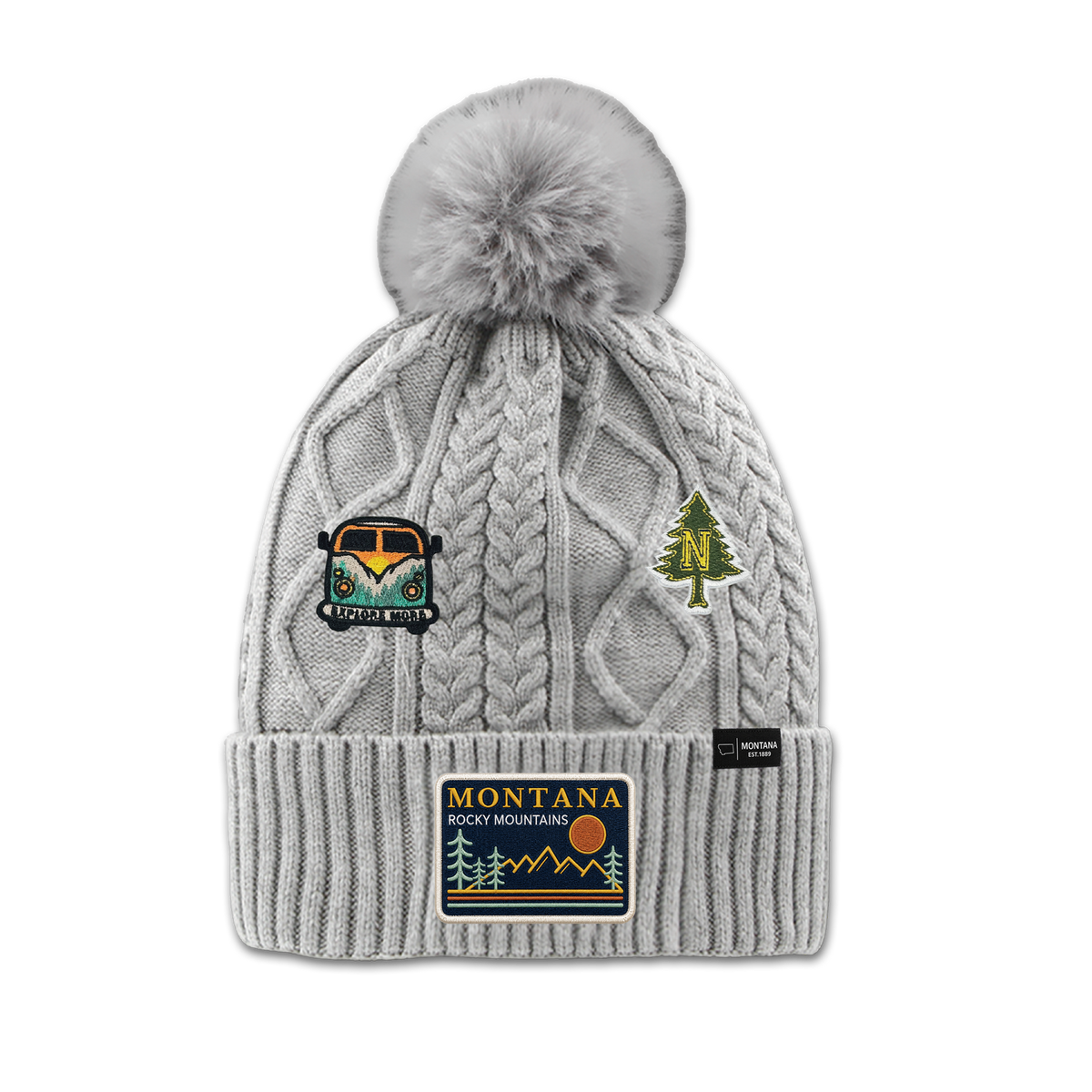 Montana Rocky Mountains Patch Pom Beanie - Cozy Outdoor Winter Hat