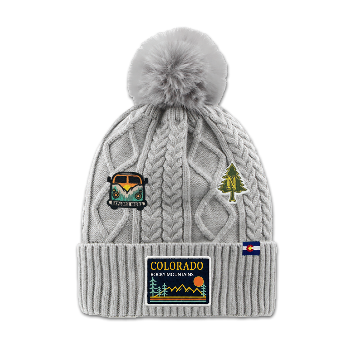 Colorado Rocky Mountain Adventure Pom Beanie | Cable Knit Cuffed Winter Hat