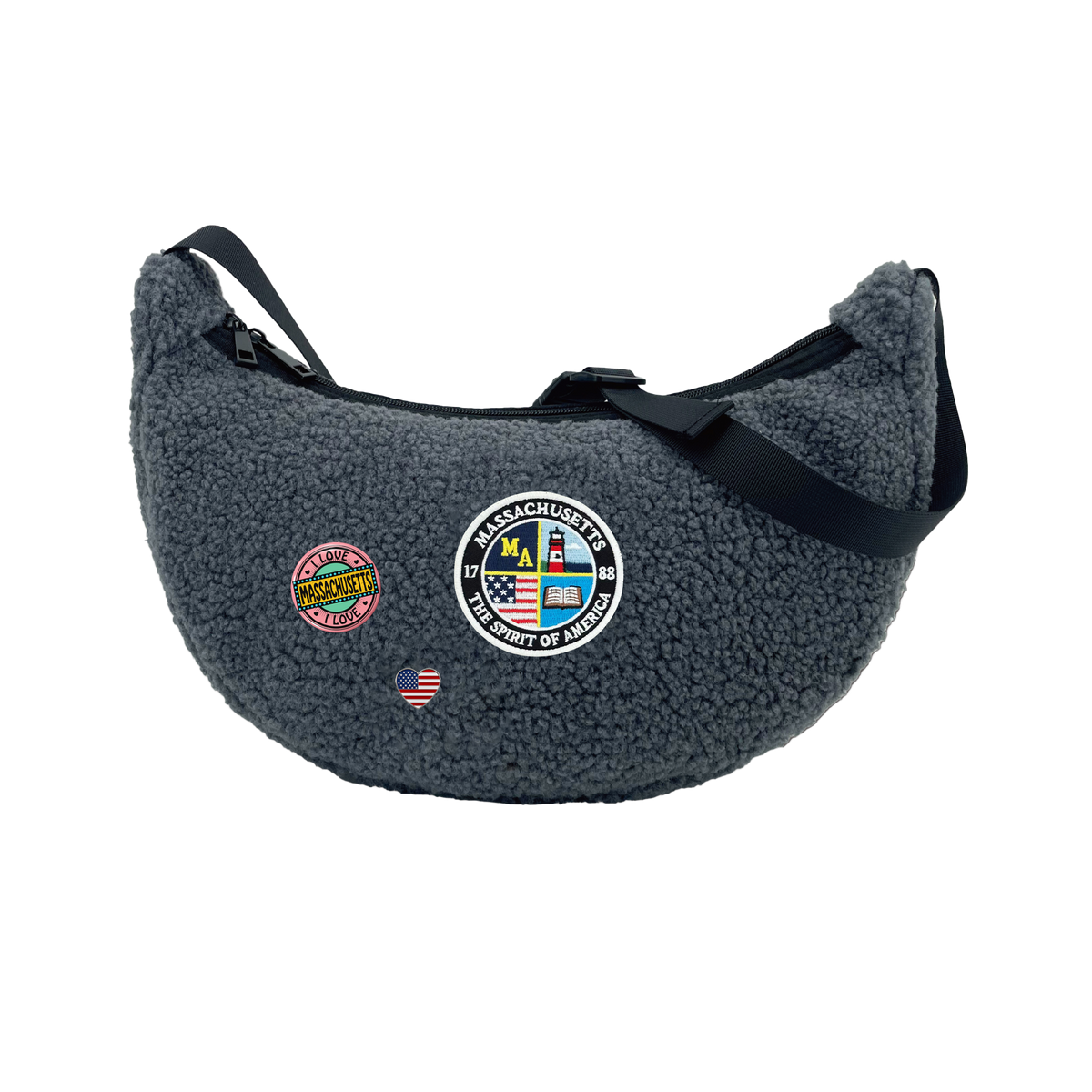 Massachusetts Sherpa Round Shoulder Bag | Cozy Fleece Crossbody Bag