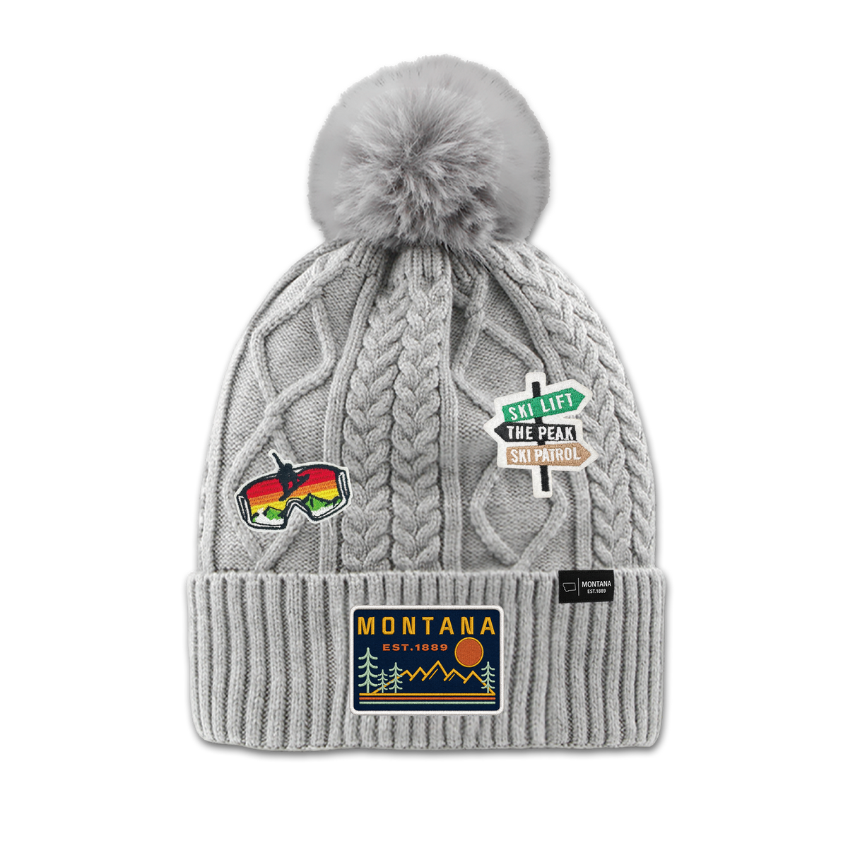 Montana Ski Adventure Patch Pom Beanie - Fleece Lined Winter Hat