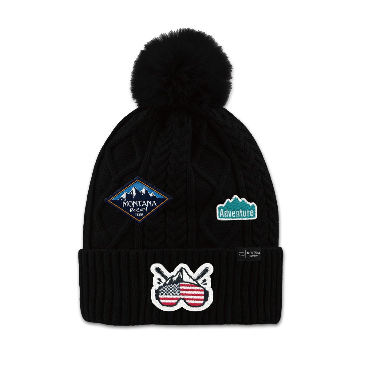 Montana Mountain Adventure Patch Pom Beanie - Outdoor Ski Winter Hat