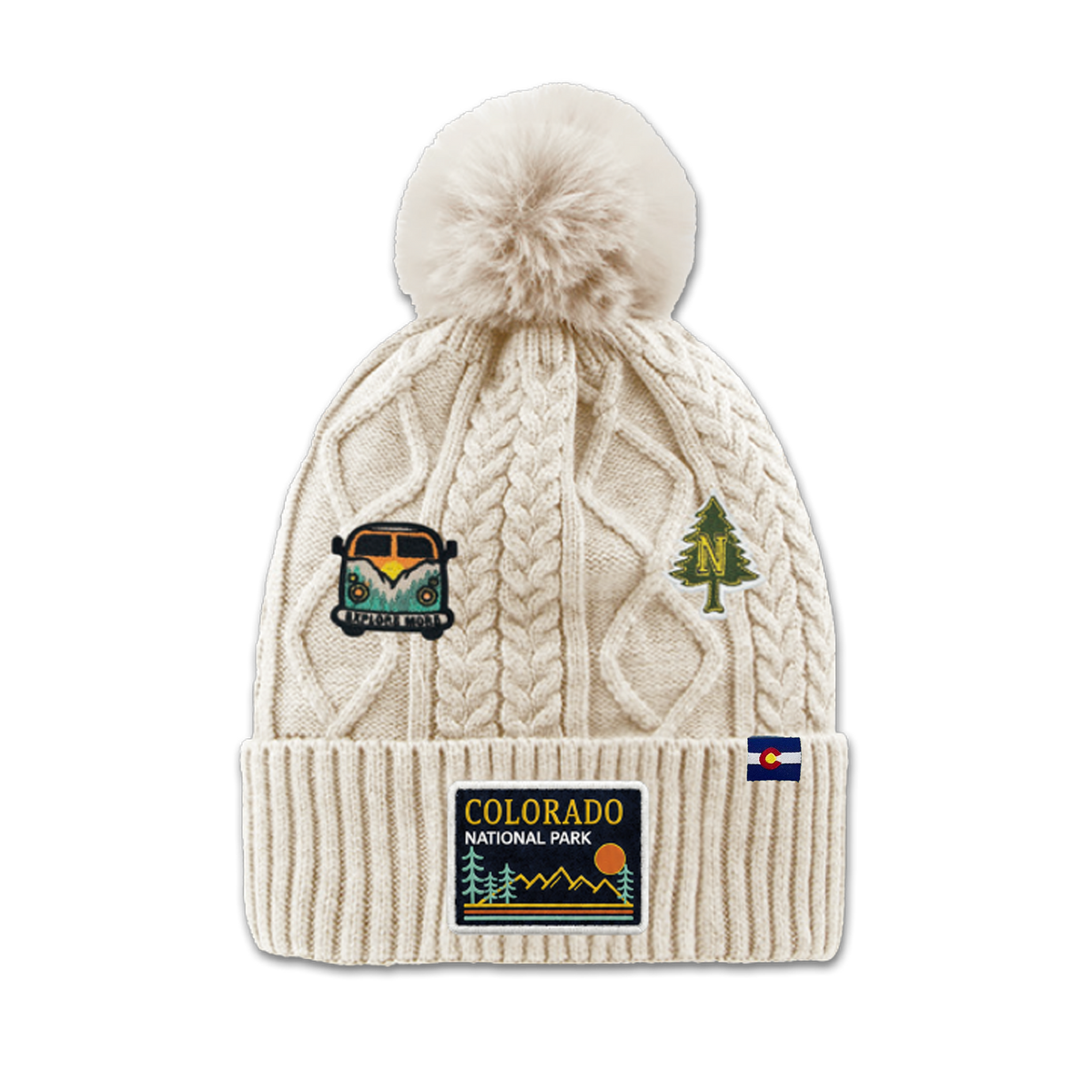 Colorado Rocky Mountain Adventure Pom Beanie | Cable Knit Cuffed Winter Hat