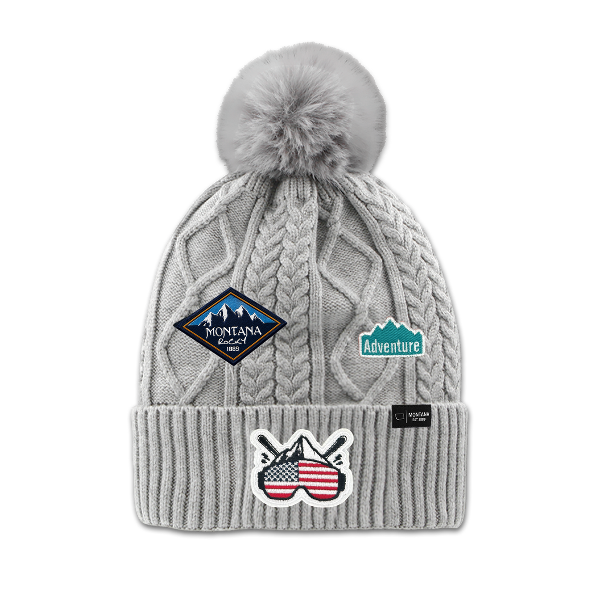 Montana Mountain Adventure Patch Pom Beanie - Outdoor Ski Winter Hat