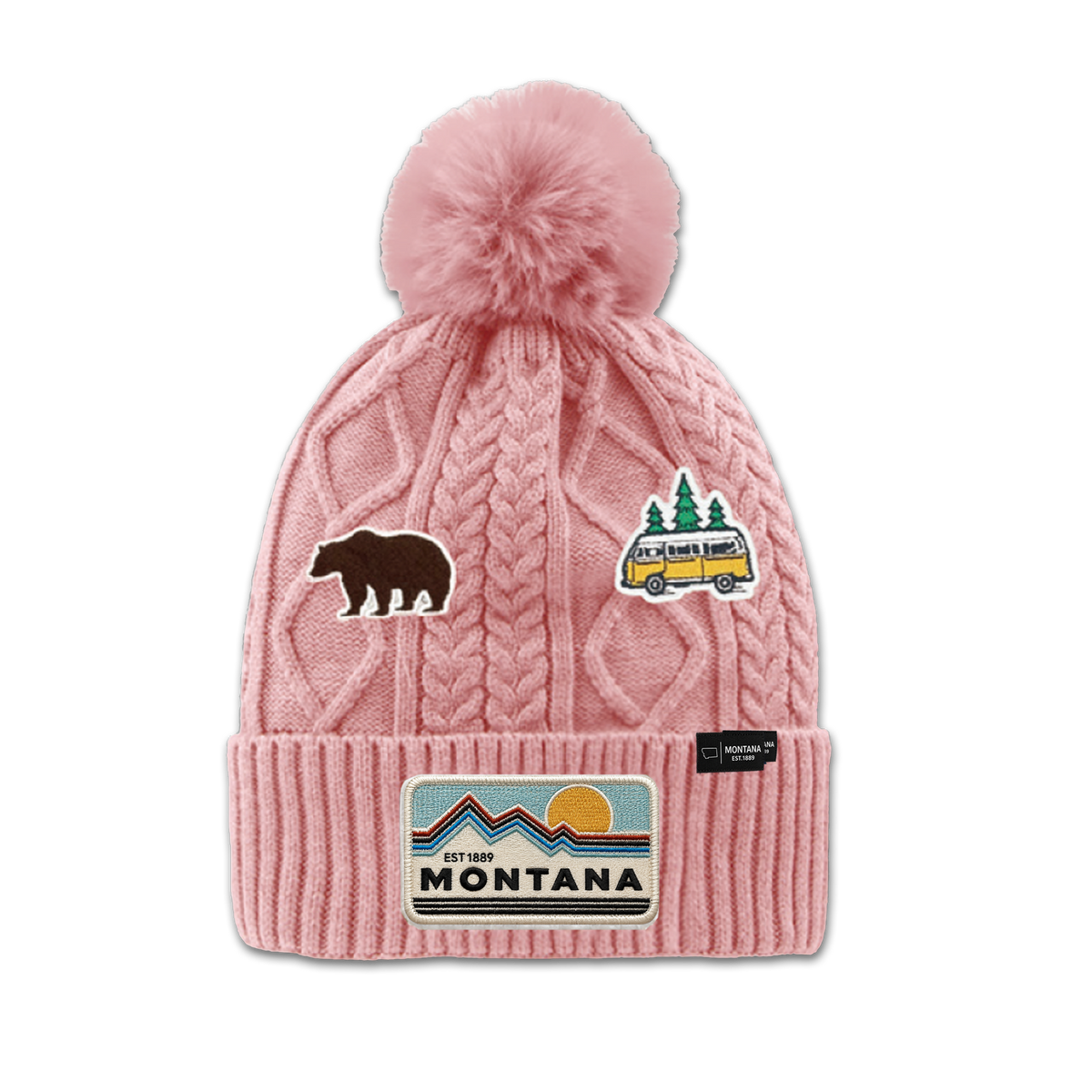 Montana Outdoor Adventure Patch Pom Beanie - Cozy Fleece Winter Hat