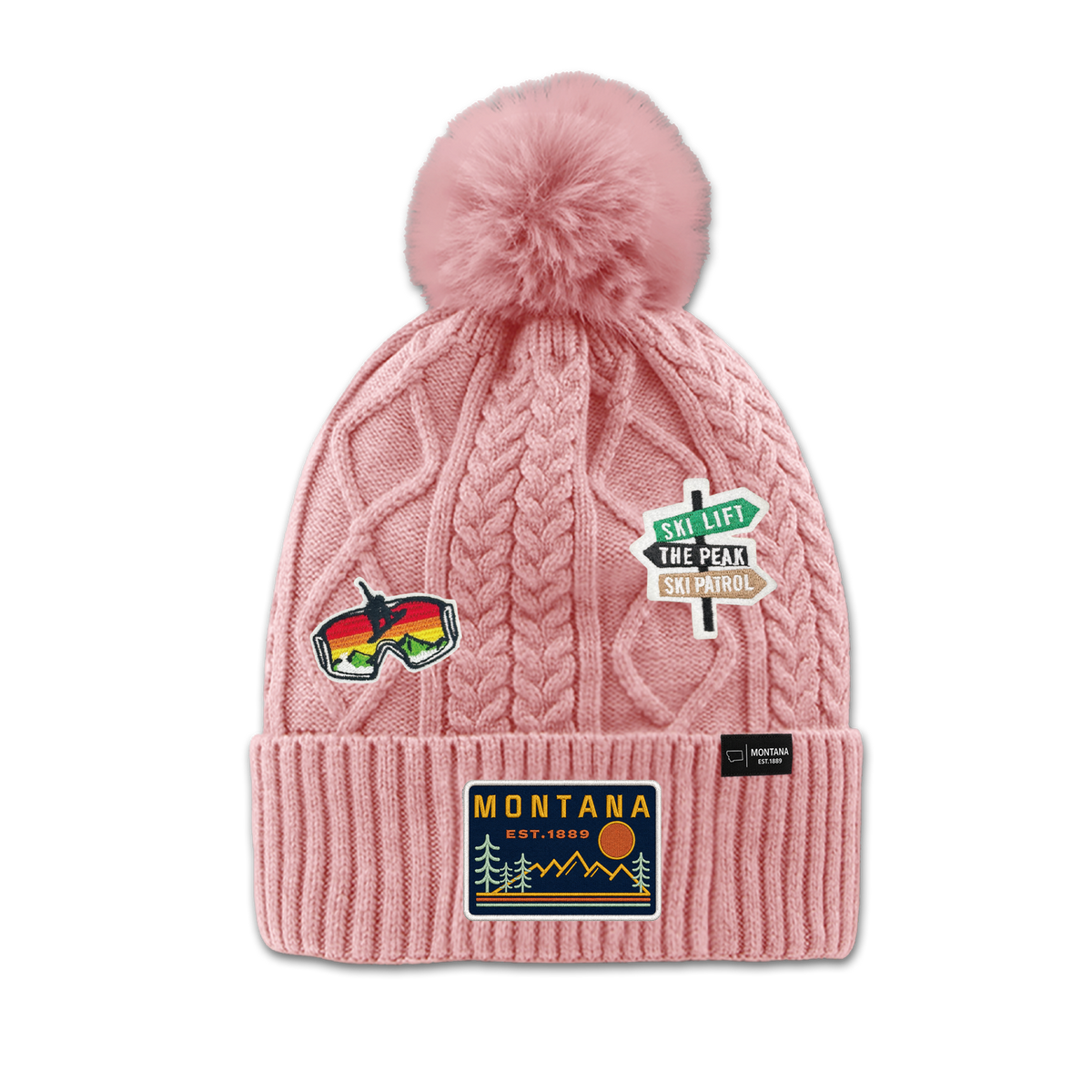 Montana Ski Adventure Patch Pom Beanie - Fleece Lined Winter Hat