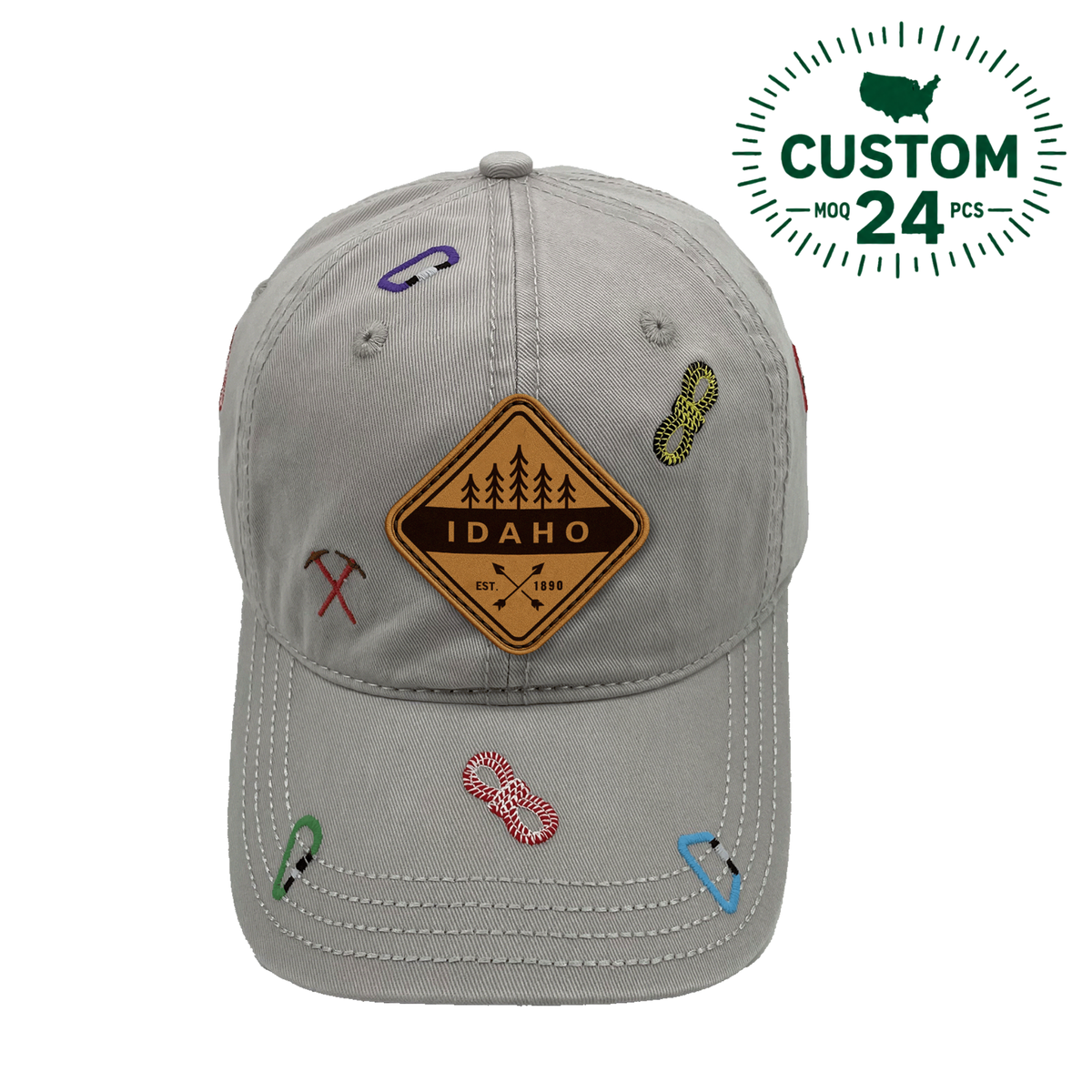 Idaho Hiking Adventure Baseball Cap Outdoor Climbing Rope & Carabiner Embroidered Hat for Travelers