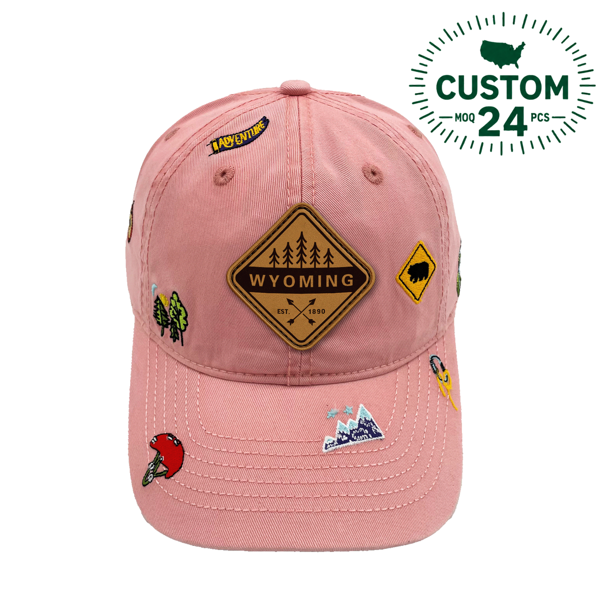 Wyoming Outdoor Hiking Baseball Cap with Embroidered Mountain and Adventure Patches