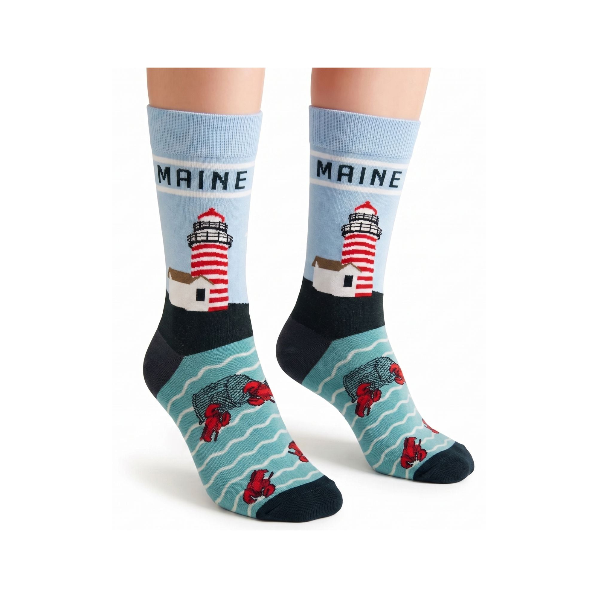 Maine Lighthouse & Lobster Novelty Crew Socks - Coastal Nautical Scenic Travel Souvenir Gift