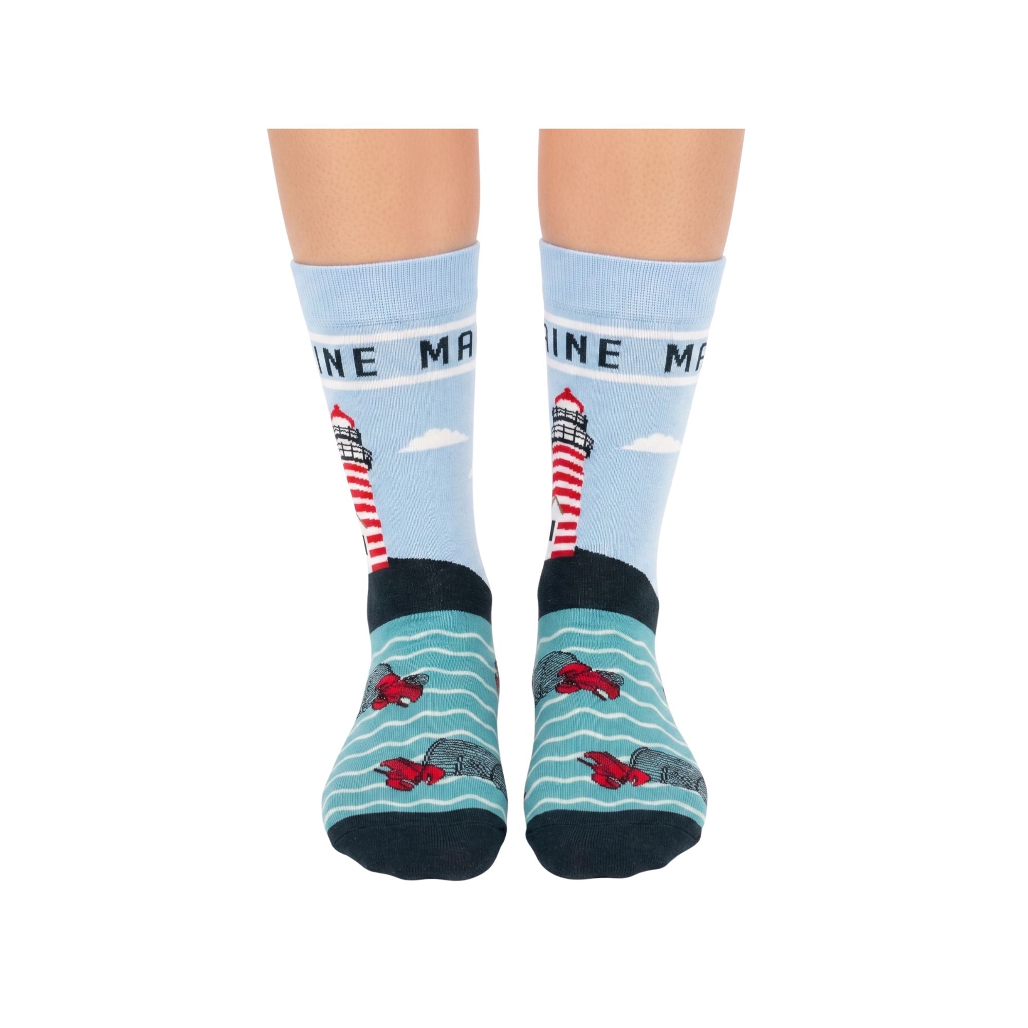 Maine Lighthouse & Lobster Novelty Crew Socks - Coastal Nautical Scenic Travel Souvenir Gift