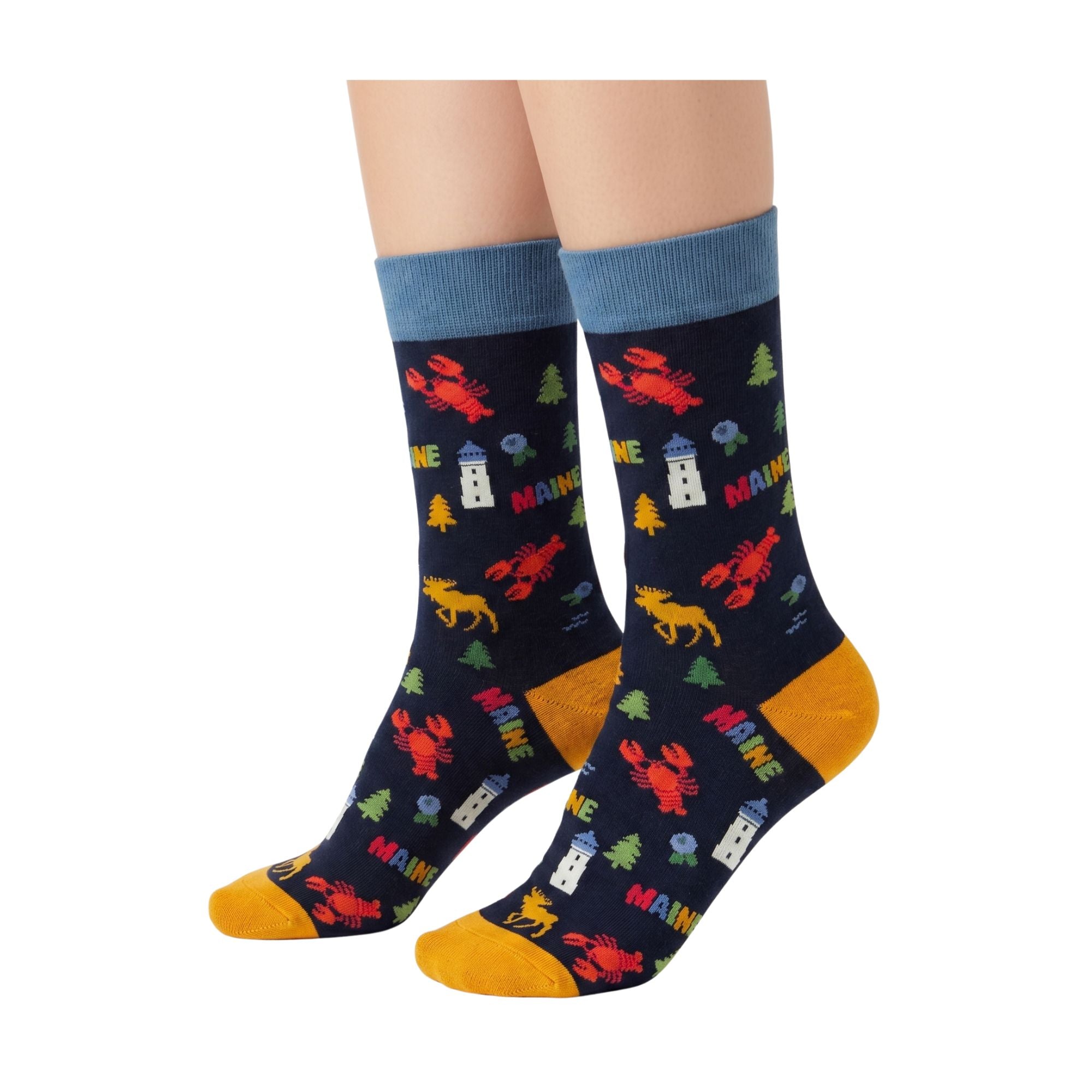 Maine Icons Crew Socks with Lobster Moose Lighthouse and Blueberry Wildlife Pattern