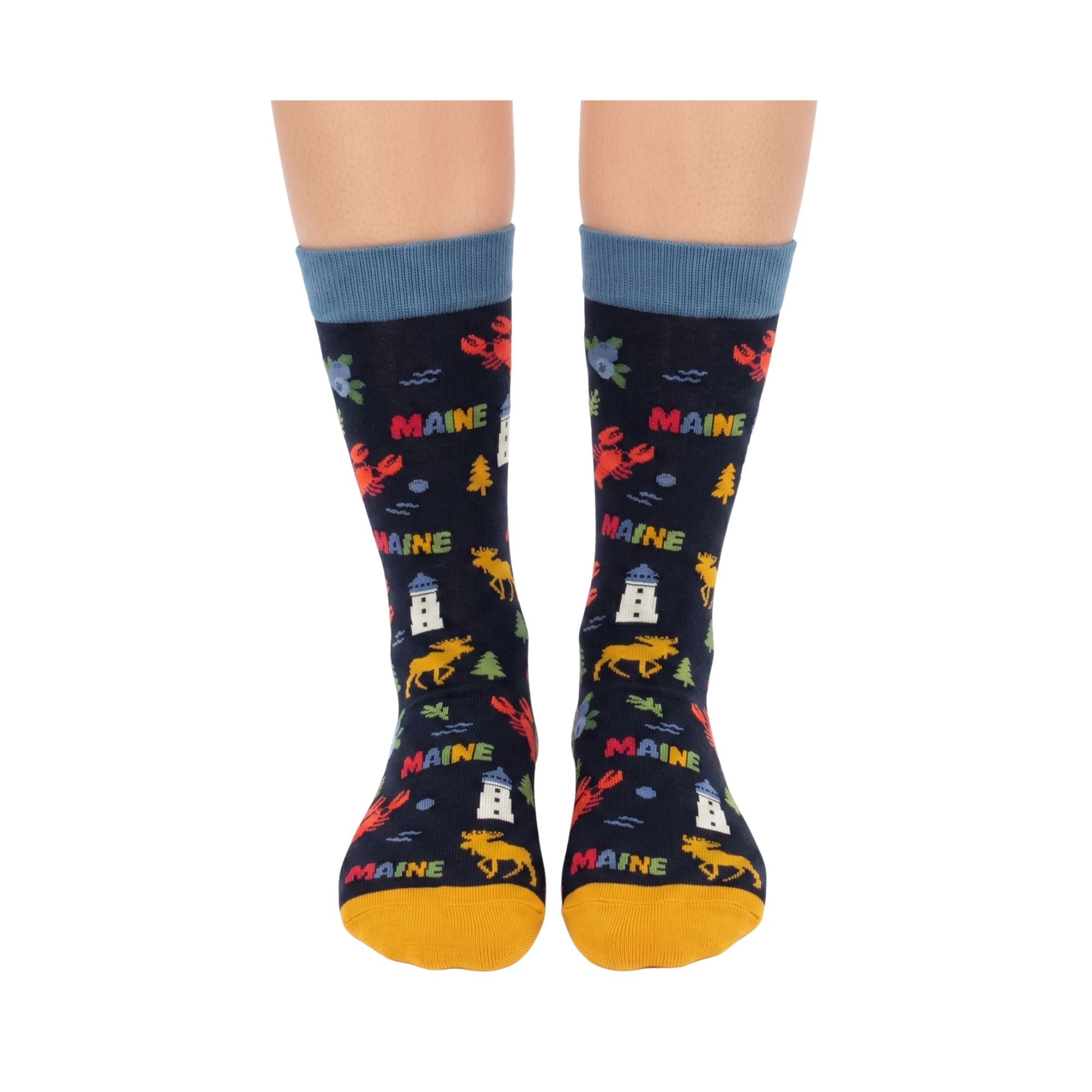 Maine Icons Crew Socks with Lobster Moose Lighthouse and Blueberry Wildlife Pattern