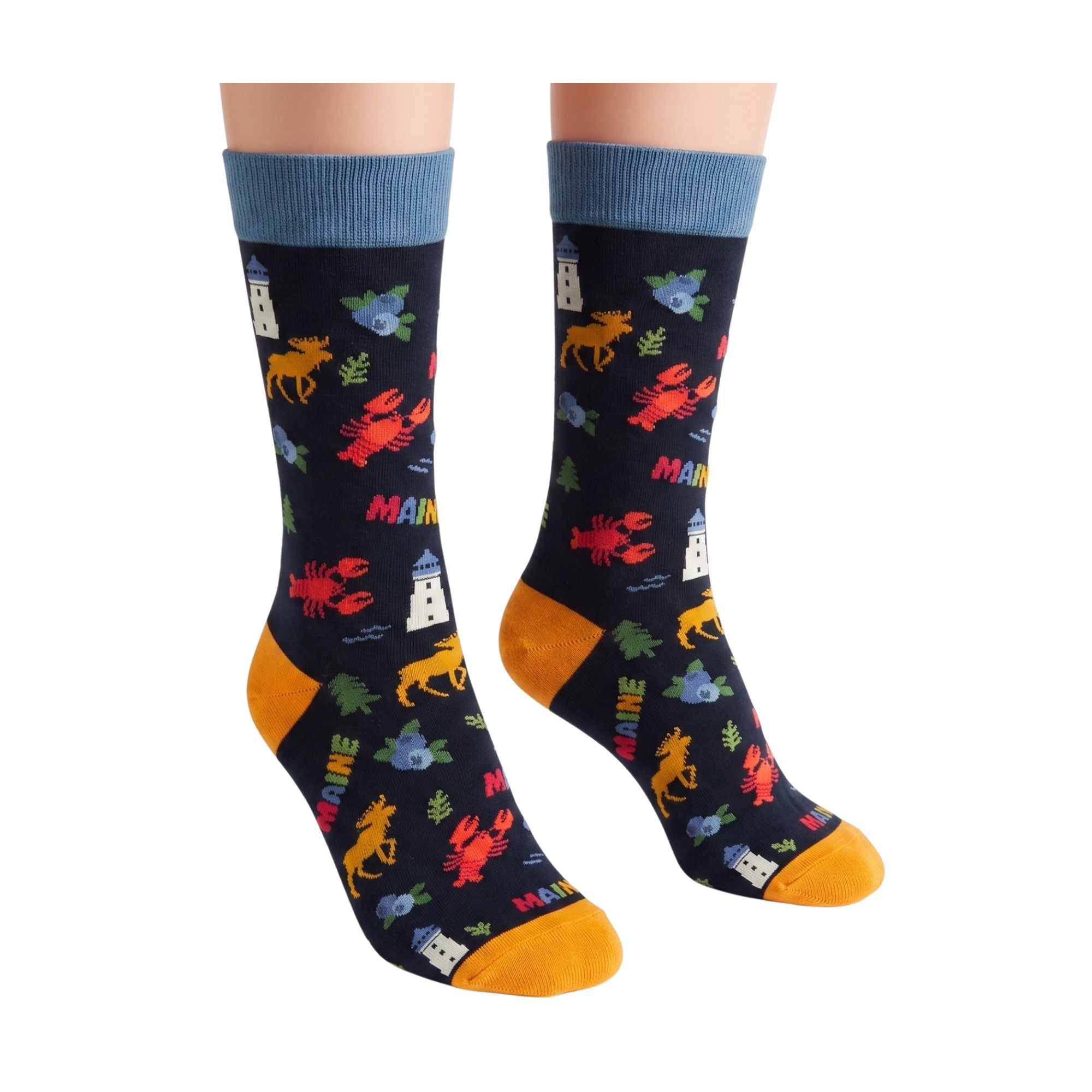 Maine Icons Crew Socks with Lobster Moose Lighthouse and Blueberry Wildlife Pattern