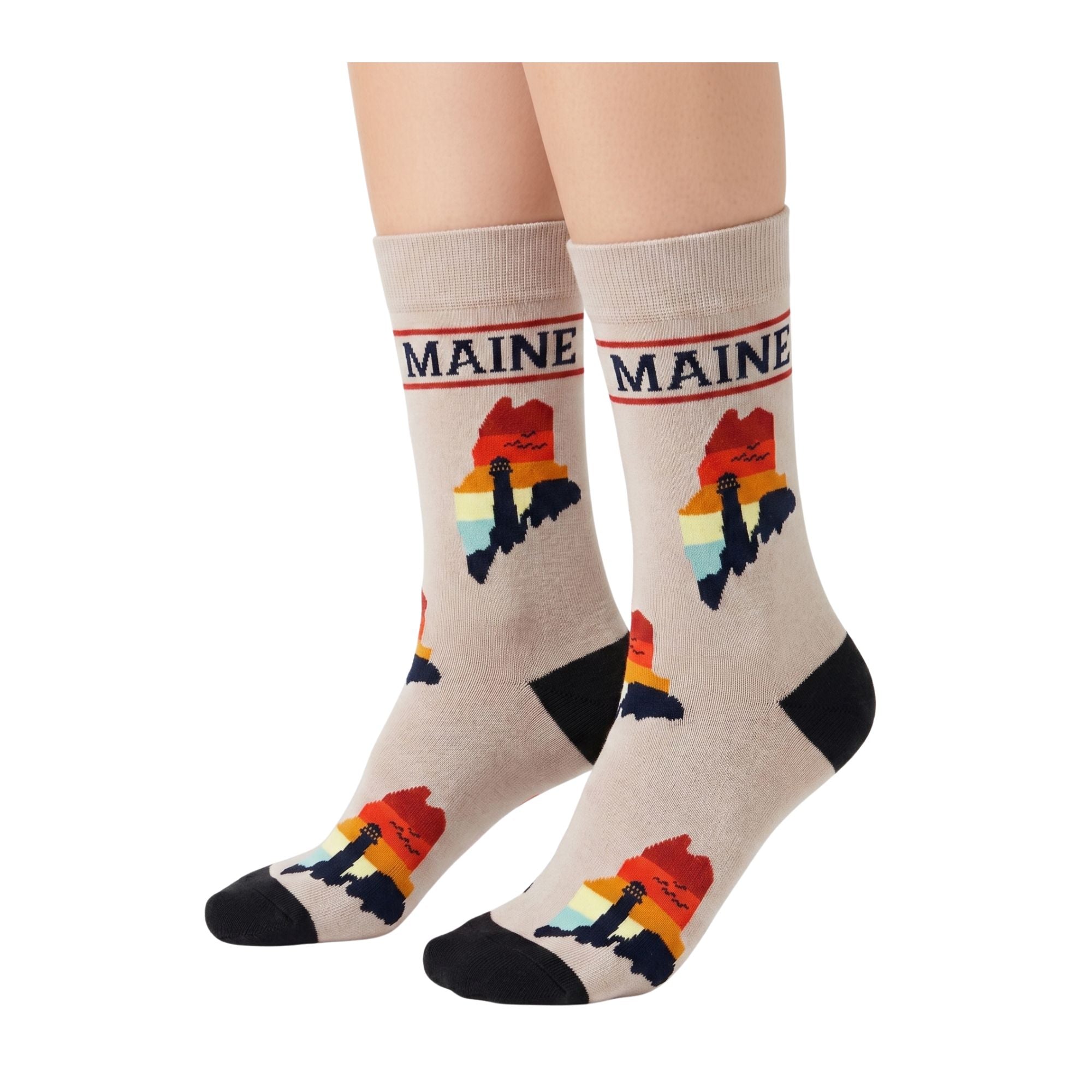 Maine Lighthouse Coastal Crew Socks Retro Ocean Travel Style