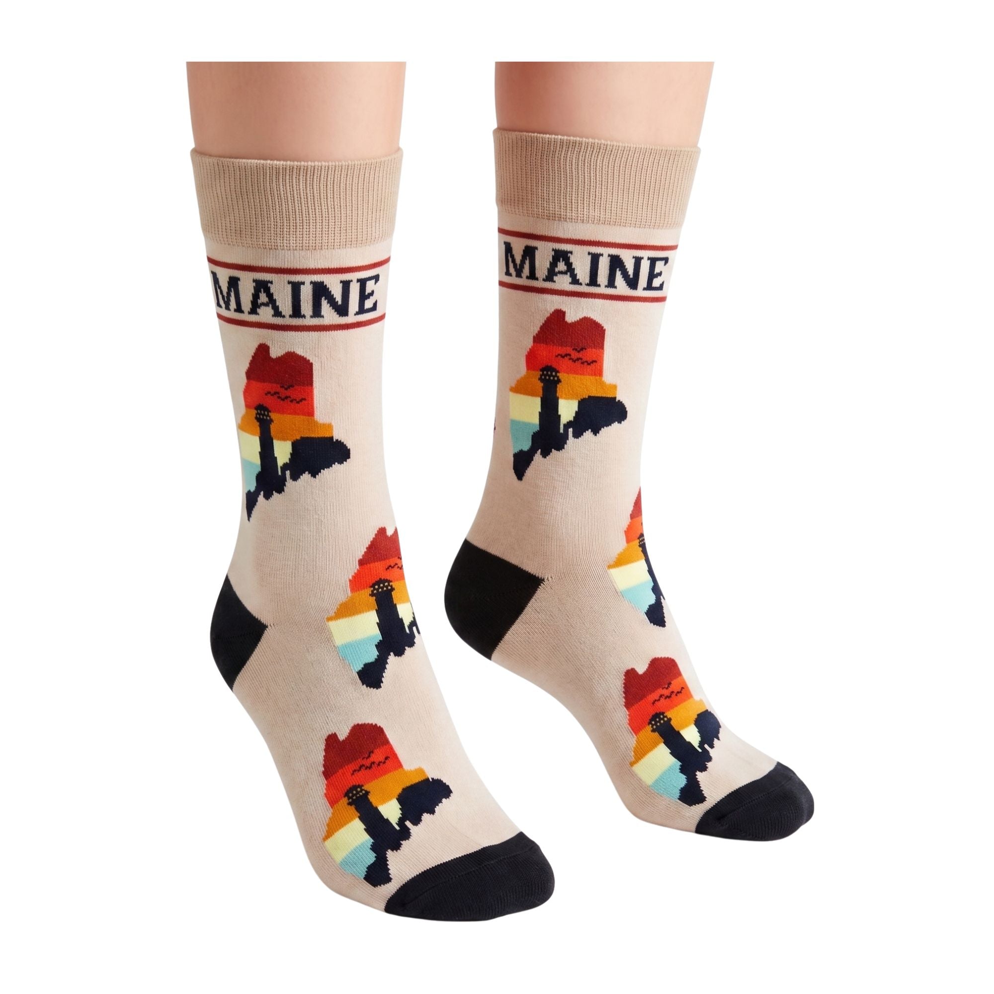 Maine Lighthouse Coastal Crew Socks Retro Ocean Travel Style