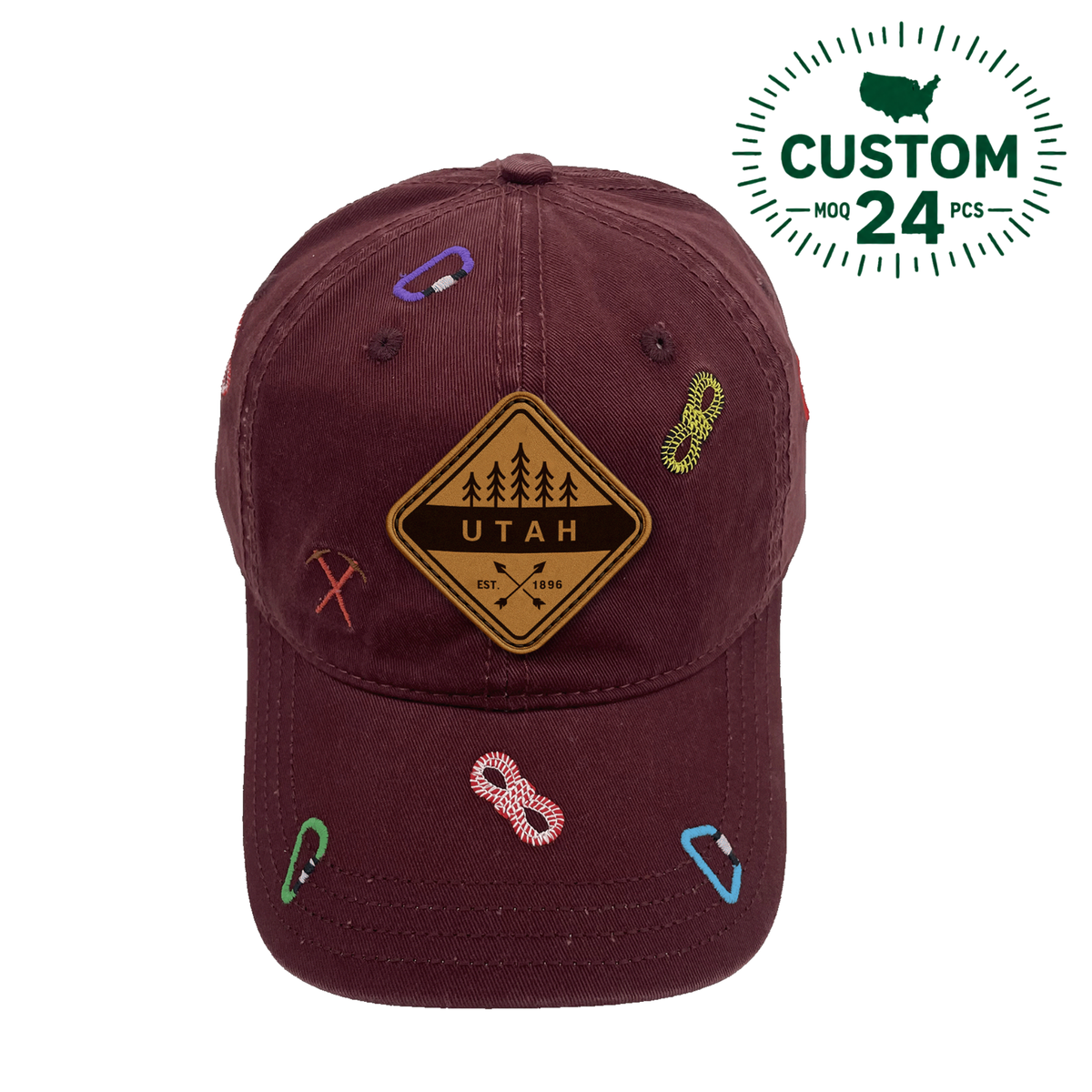 Utah Hiking Adventure Baseball Cap Climbing Rope & Carabiner Embroidered Outdoor Hat for Travelers