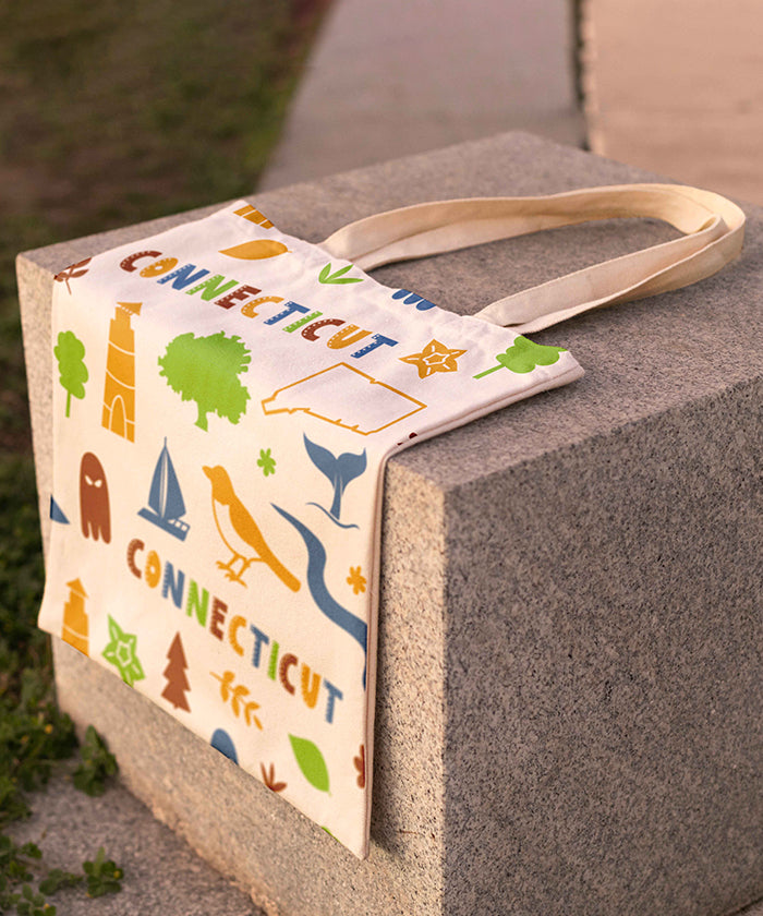 Connecticut Icons Illustrated Cotton Tote Bag – New England Travel Souvenir