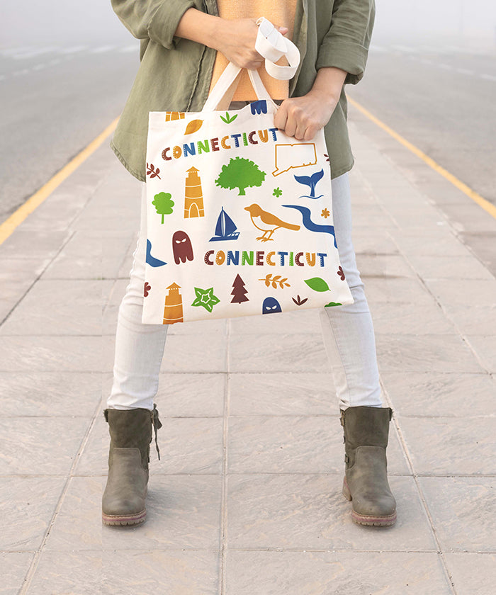 Connecticut Icons Illustrated Cotton Tote Bag – New England Travel Souvenir