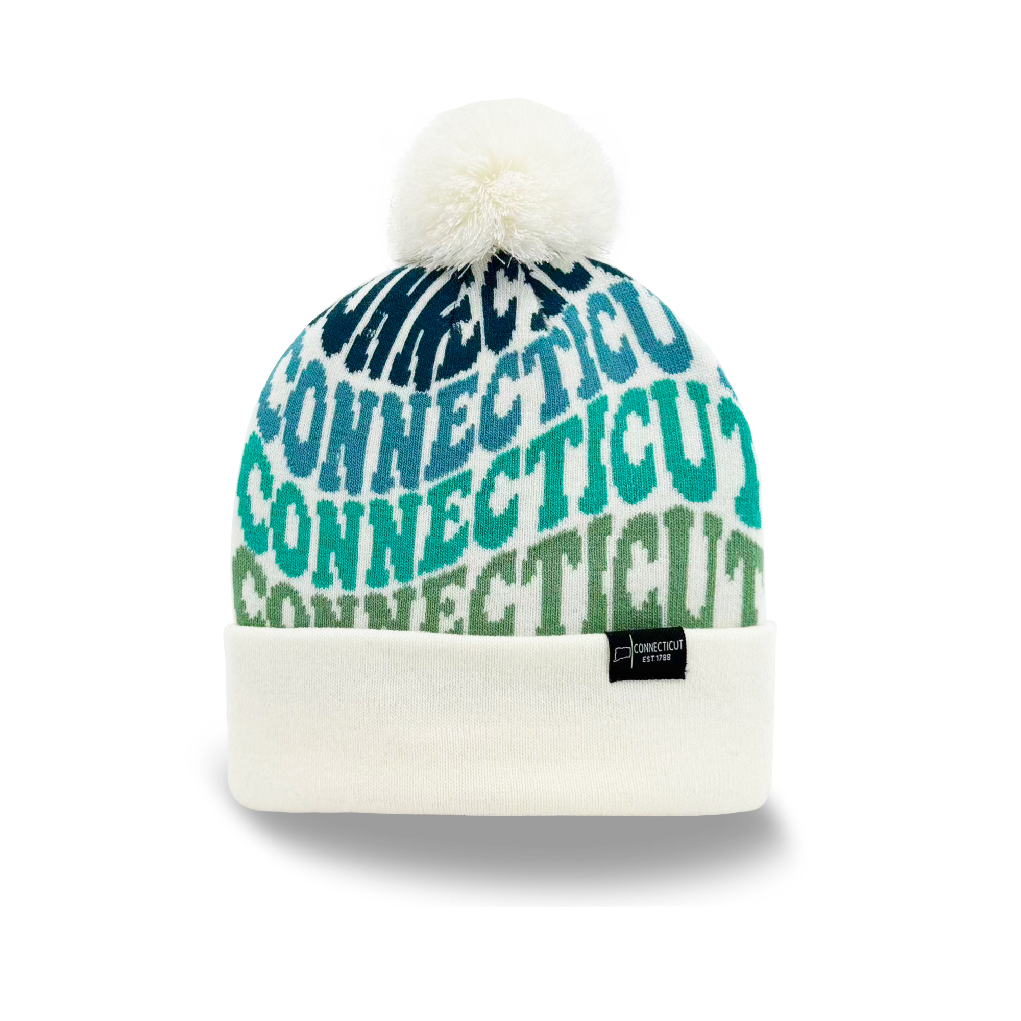 Connecticut Colorful Letter Knit Beanie Retro Pom Pom Winter Hat with Bold Typography
