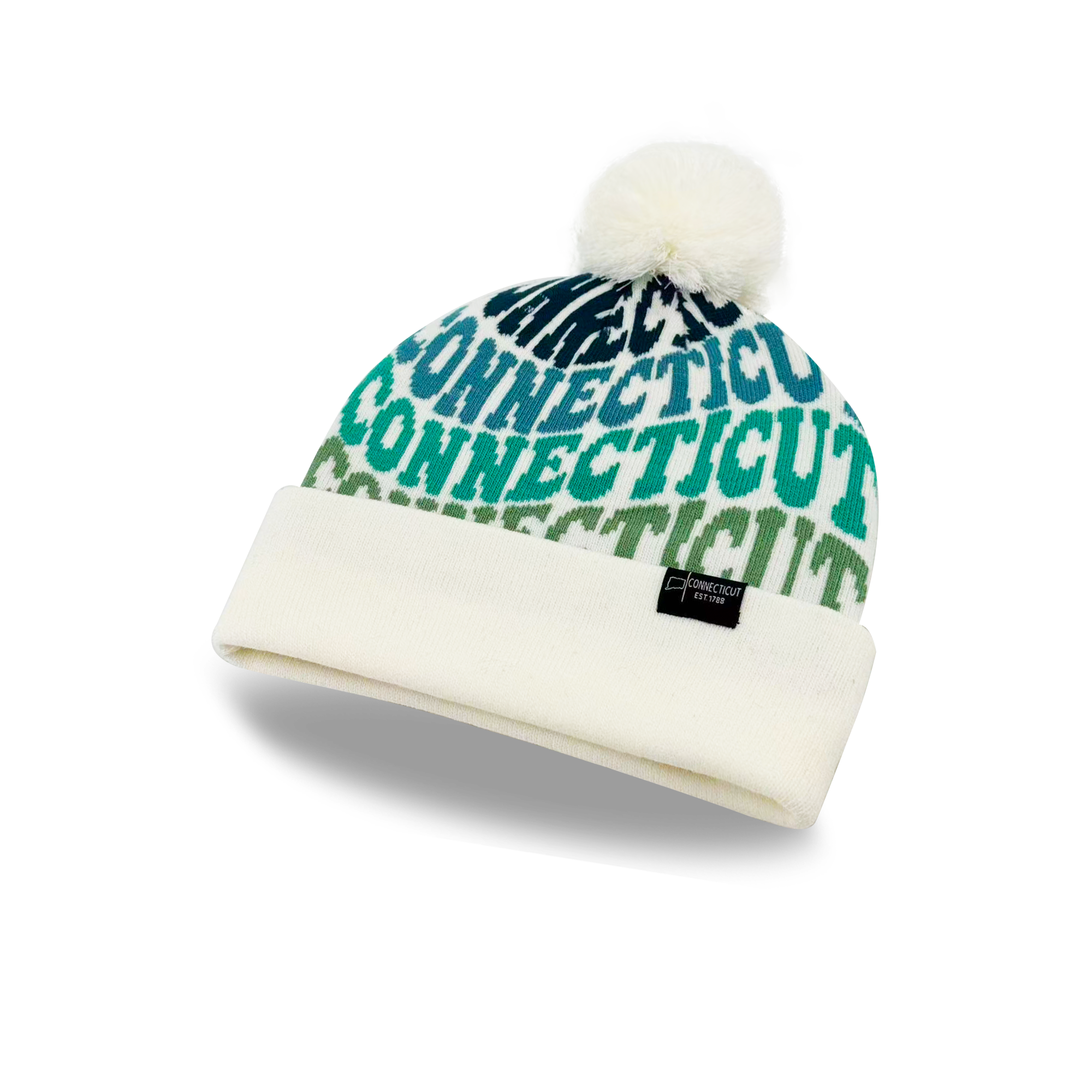 Connecticut Colorful Letter Knit Beanie Retro Pom Pom Winter Hat with Bold Typography