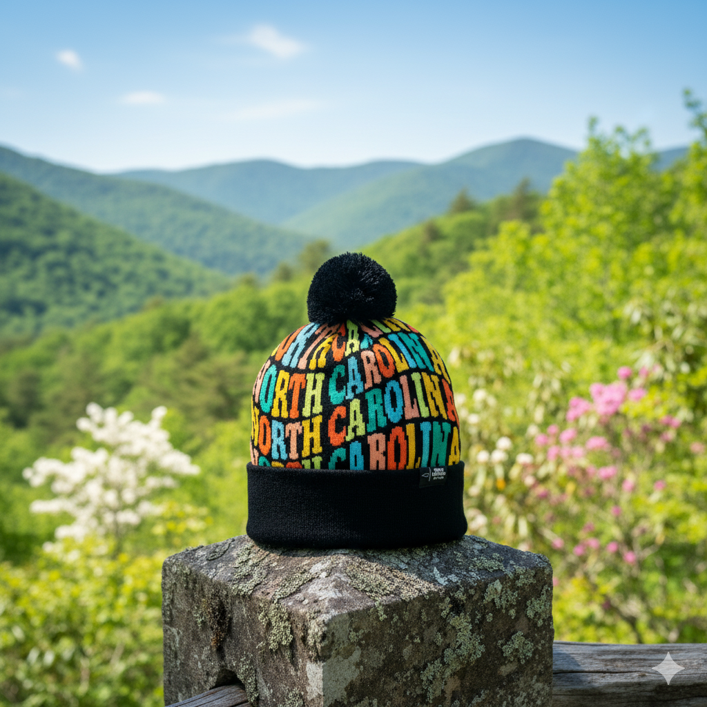 North Carolina Colorful Letter Knit Beanie Retro Pom Pom Winter Hat with Bold Typography