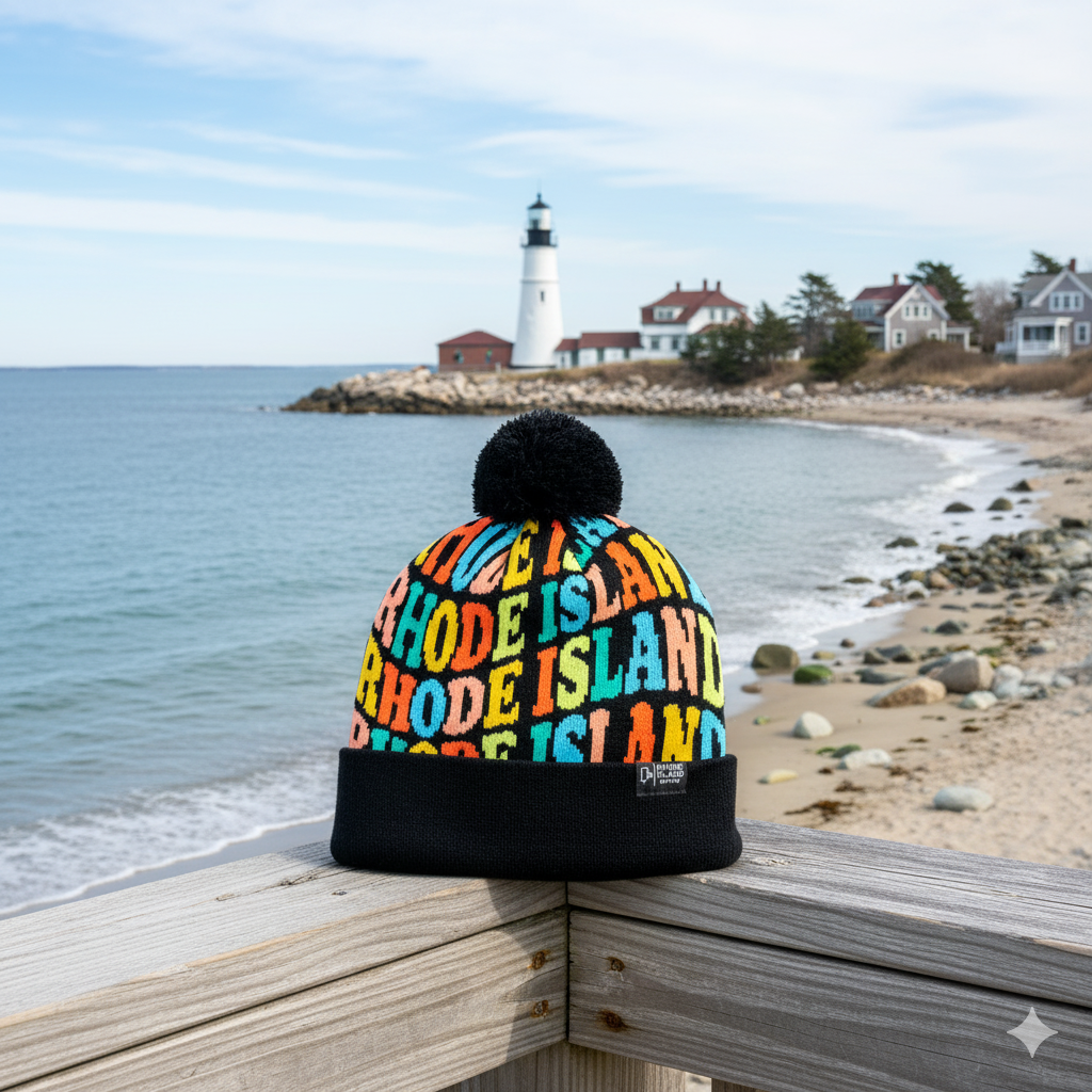 Rhode Island Colorful Letter Knit Beanie Retro Pom Pom Winter Hat with Bold Typography