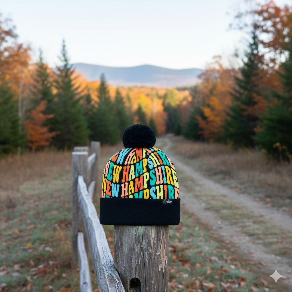 New Hampshire Colorful Letter Knit Beanie Retro Pom Pom Winter Hat with Bold Typography